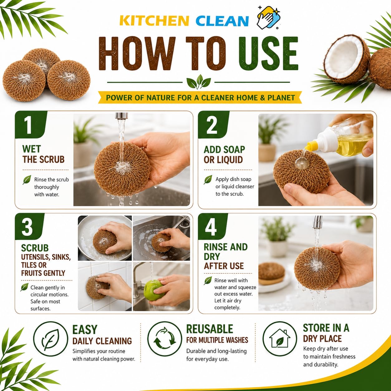 Kitchen Clean™ Soft Circular Coconut Coir Scrub for Multipurpose Use | Chemical-Free Nariyal Juna | Eco-Friendly Natural Kitchen Scrubber (Pack of 2) 1