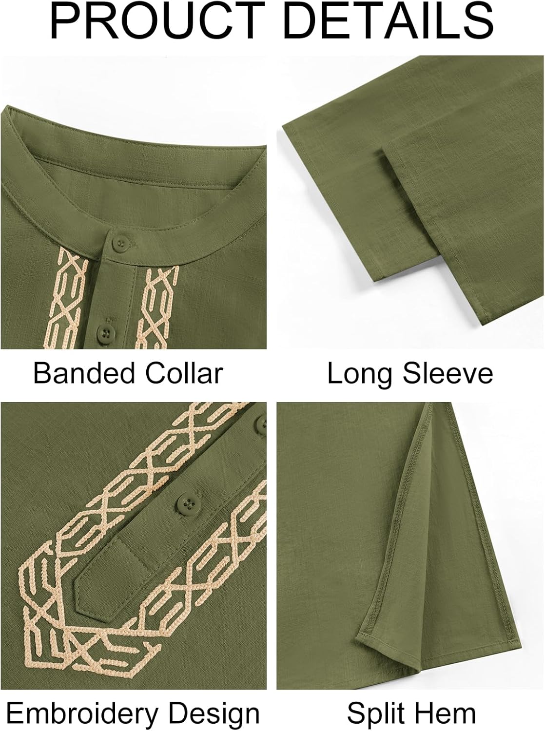 Runcati Mens Kaftan Thobe Button Down Casual Henley Shirts Long Sleeve Robe Cotton Linen Muslim Gown Shirt - Image 4