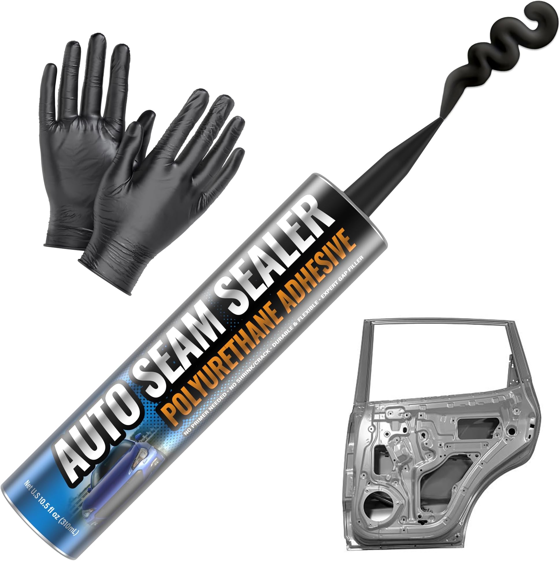 [Black] Professional Automotive Seam Sealer, Paintable Quick-Set Polyurethane Auto Body Seam Sealer for Metal Surfaces of Cars, Trucks, Etc, Includes Gloves & Tip - Black RV Roof Sealant