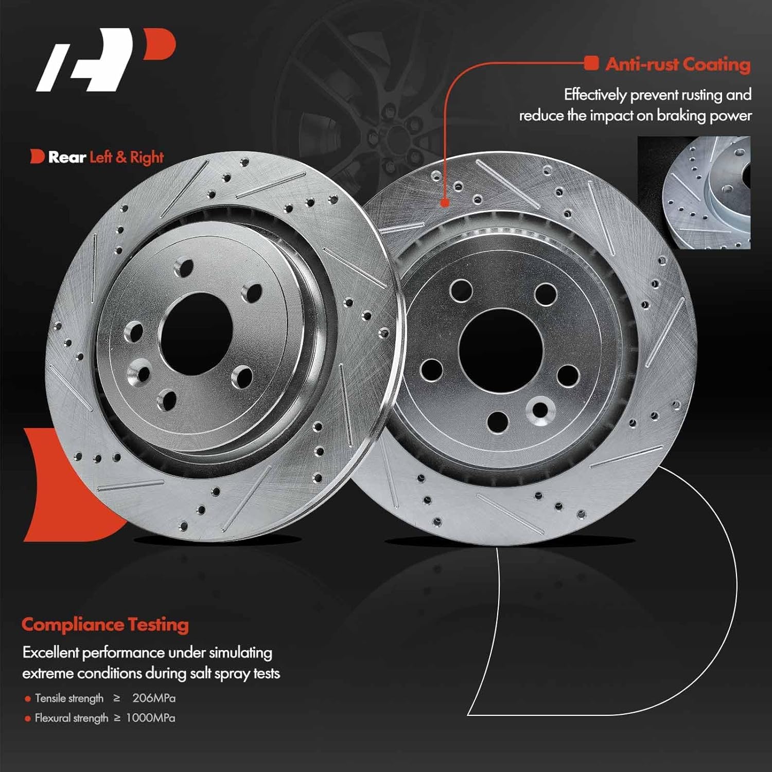 A-Premium 11.89 in (302 mm) Rear Drilled and Slotted Disc Brake Rotors + Ceramic Pads Kit Compatible with Select Volvo Models - S60 2011-2018, XC70 2008-2016, S80 2007-2016, V60, V70, 6-PC Set