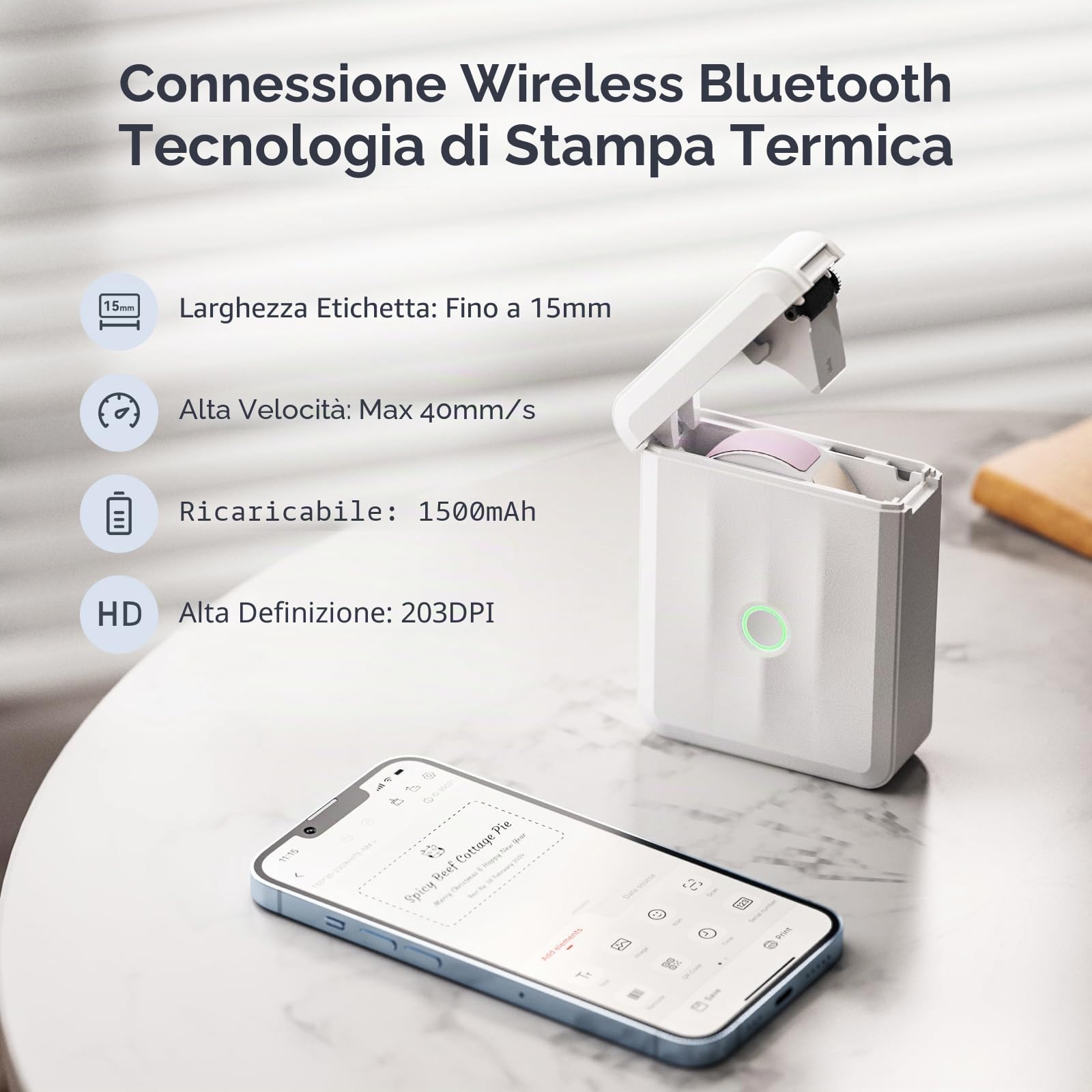 NIIMBOT D110 Mini Stampante Etichette Bluetooth, 60+ Caratteri, 1000+ Icone, Bianco