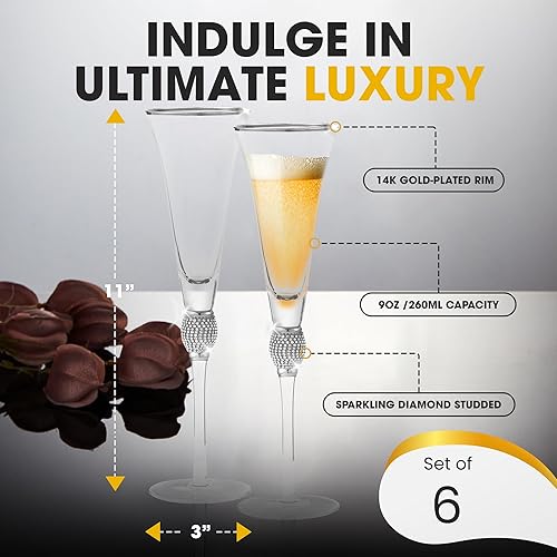 Miniatura 9 de Copas de trompeta de champán de alta calidad, copas de champán de cristal con borde dorado y diseño de diamantes de imitación dorados, 9 onzas cada