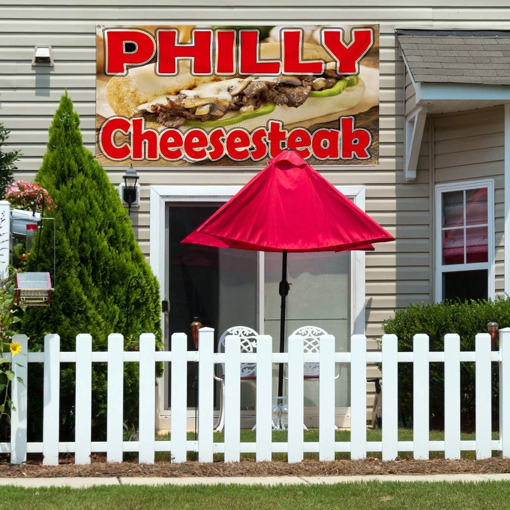 Vinyl Banner Multiple Sizes Philly Cheese Steak Restaurant Food Bar Restaurant & Food Outdoor Weatherproof Industrial Yard Signs Red 4 Grommets 16x40Inches