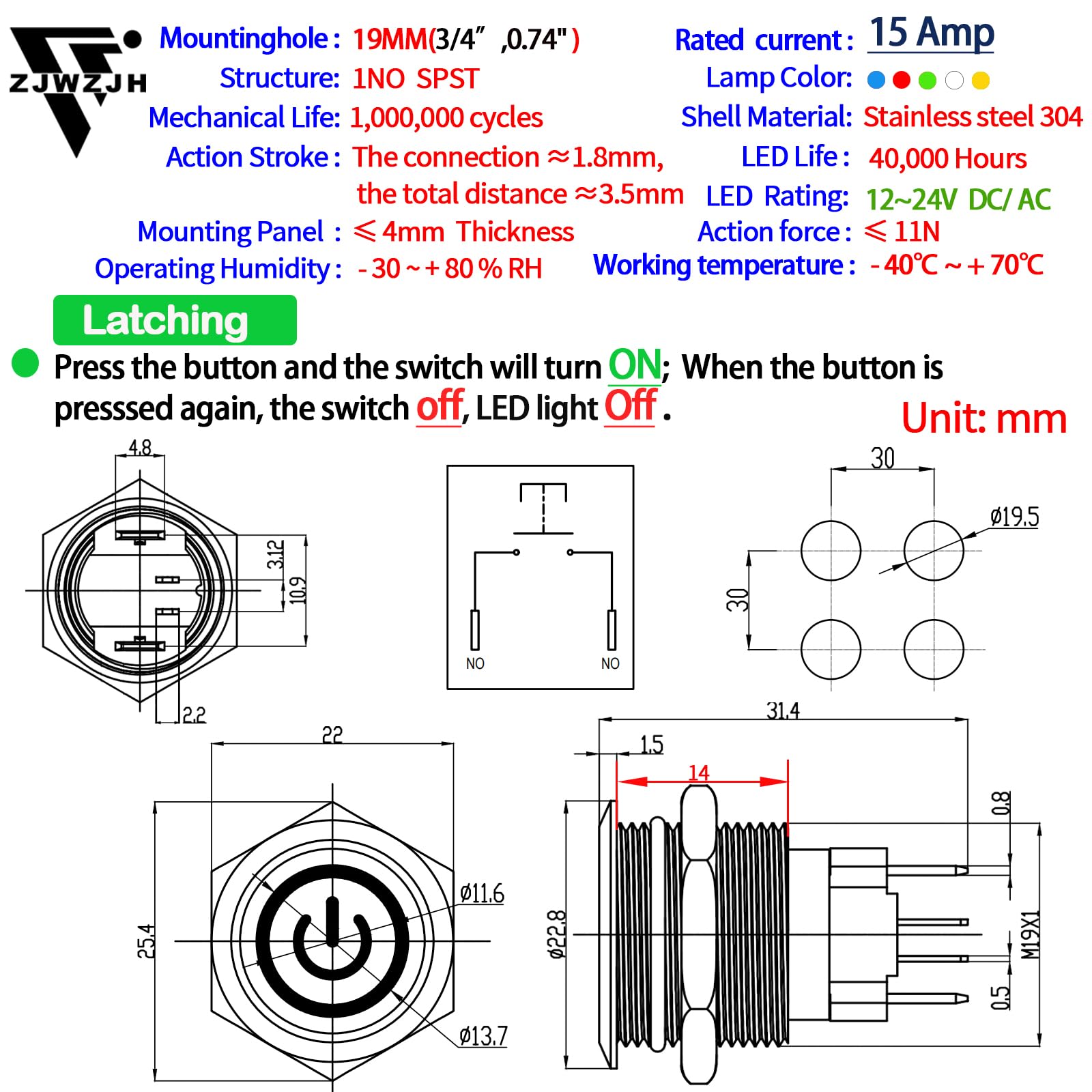 Snapklik.com : 15Amp 19mm Latching Push Button Switch Waterproof IP67 ...