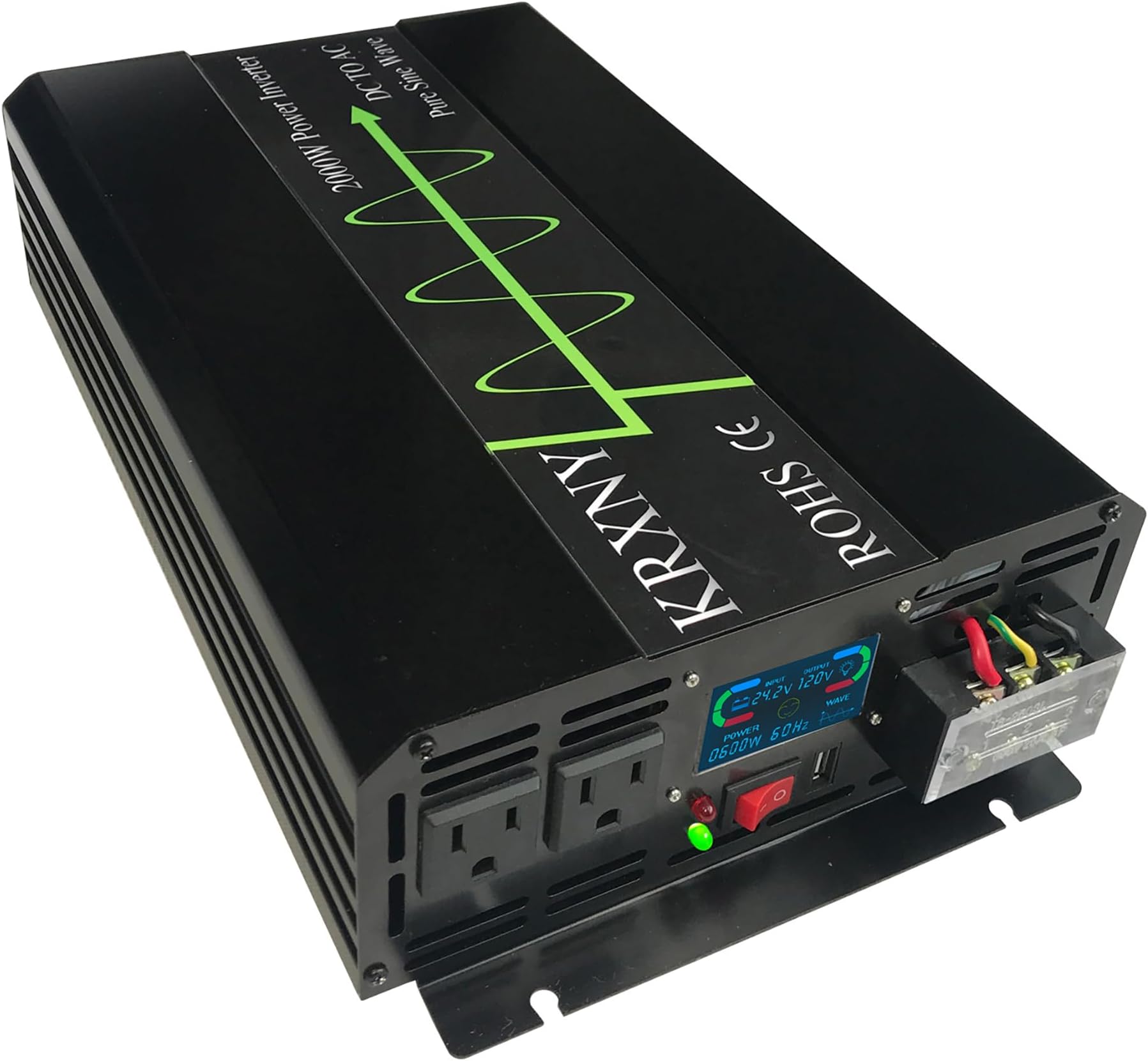 Power Inverter Converter 2000W 24V DC to 120V AC 60HZ Pure Sine Wave with USB Port LCD Display for RV Off Grid Home Solar