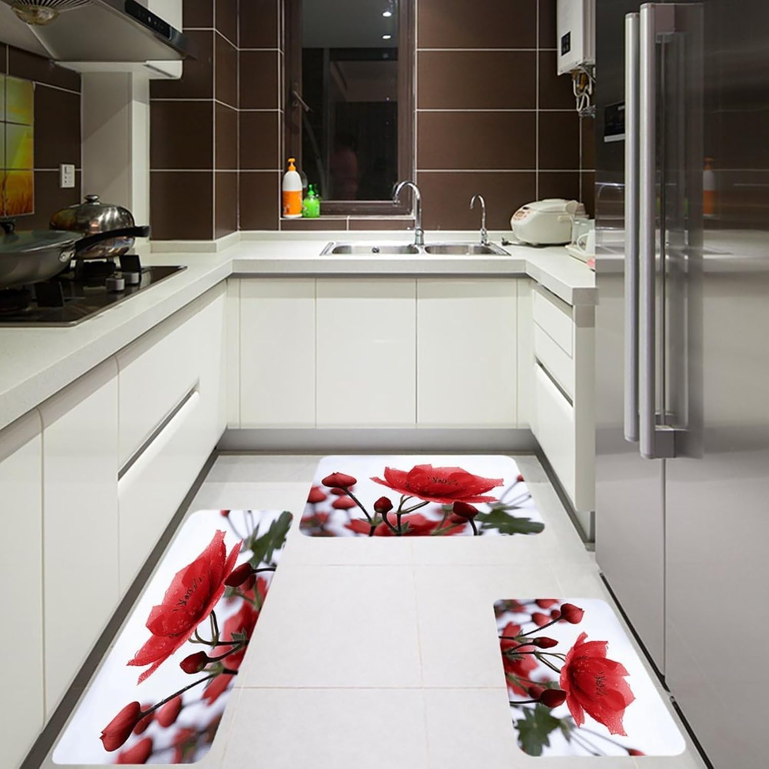 Red Flower Bud Kitchen Rugs Sets of 3 Washable Non Slip Kitchen Rug Water Resistant Carpet Piece Anti Fatigue Kitchen Mats Soft Comfort Standing Mat Modern Area Rug