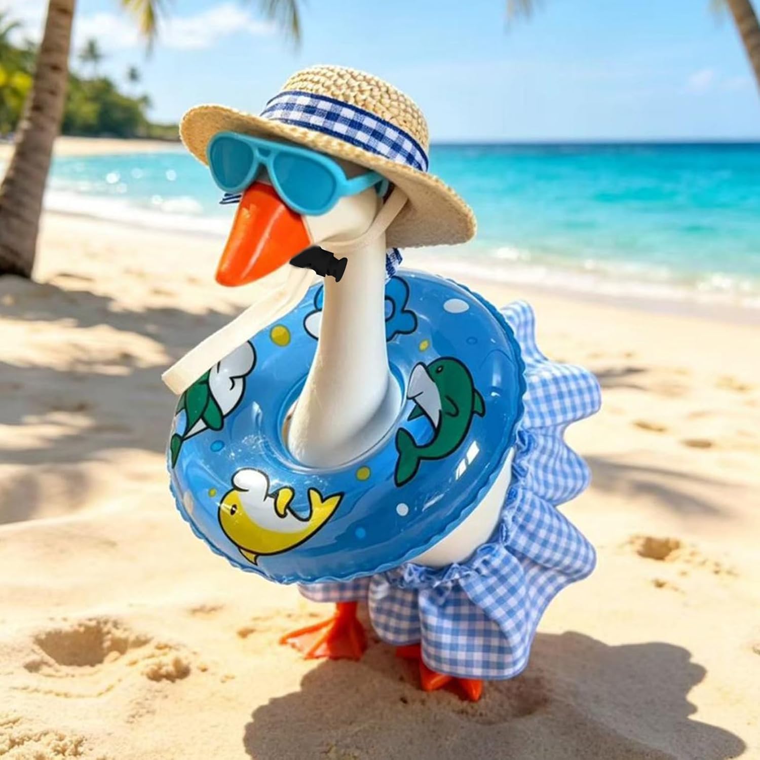 7 Inch Desk Goose Outfit, 4-Piece Summer Beach Costume with Straw Hat, Mini Sunglasses, Blue Gingham Skirt and Decorative Swim Ring, Mini Tabletop Goose Clothes Accessories, Outfit Only