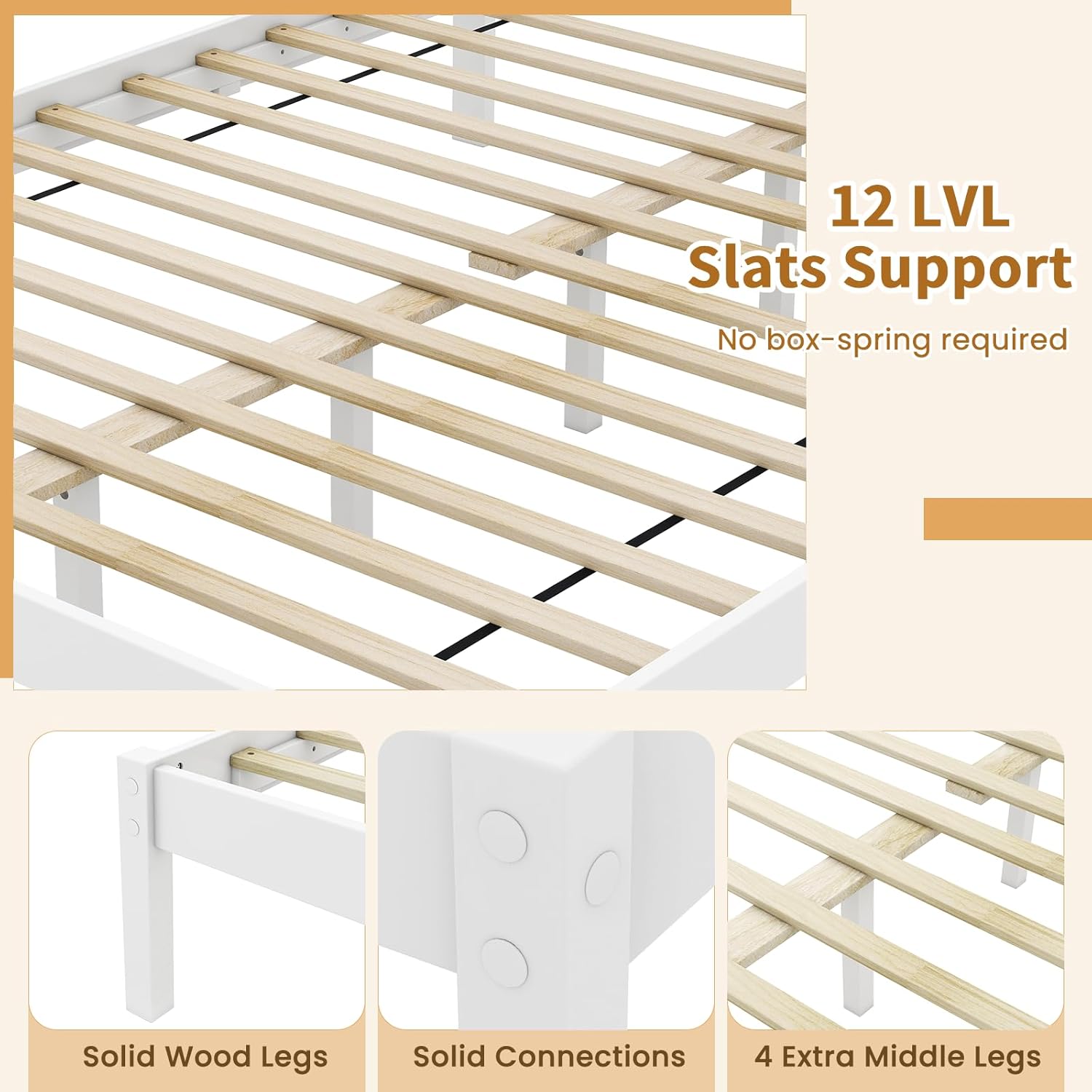 Close-up view of the 12 LVL slats, solid wood legs, and strong connections of the bed frame.