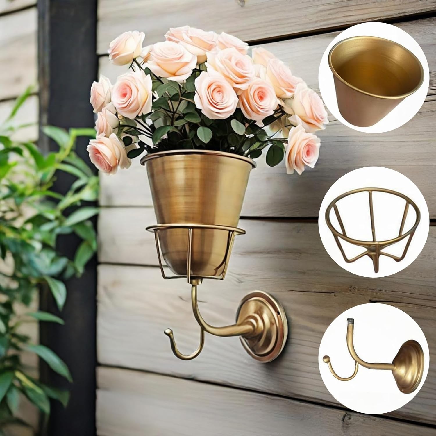 Wall Vase, Iron Wall Planter with Versatile Hook - Indoor/Outdoor Plant Holder for Live or Artificial Flowers, Keys and Decorations, with Spiral Flower Stem Holder and Screws (Gold)