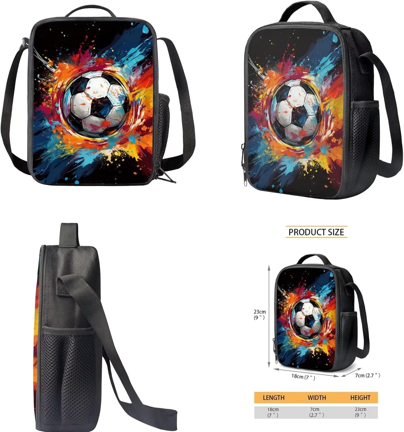 Biyejit Colorful Graffiti Soccer Children Backpack Kids School Bag Set with Lunch Container Box Pencil Case 3 Piece School Bookbags for Boys Girls Large Capacity