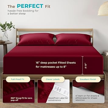 THREAD SPREAD Bed linen set for double beds made of 100% Egyptian cotton Thread count 800 Burgundy red soft cooling 406 cm deep satin luxurious hotel bed sheet