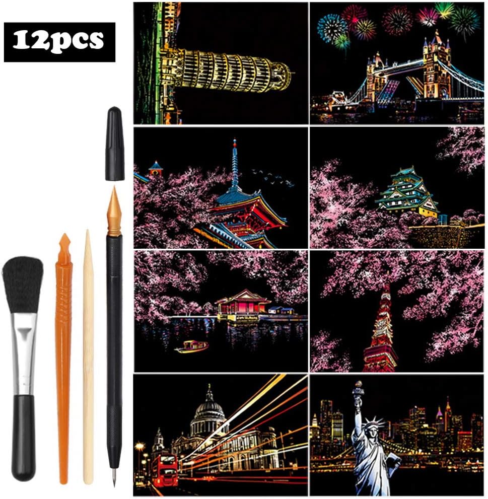スクラッチアート はがき 削るだけで美しいアート 8枚入り 世界の夜景 桜 スクラッチペンセット付け 有名な観光地 人気商品