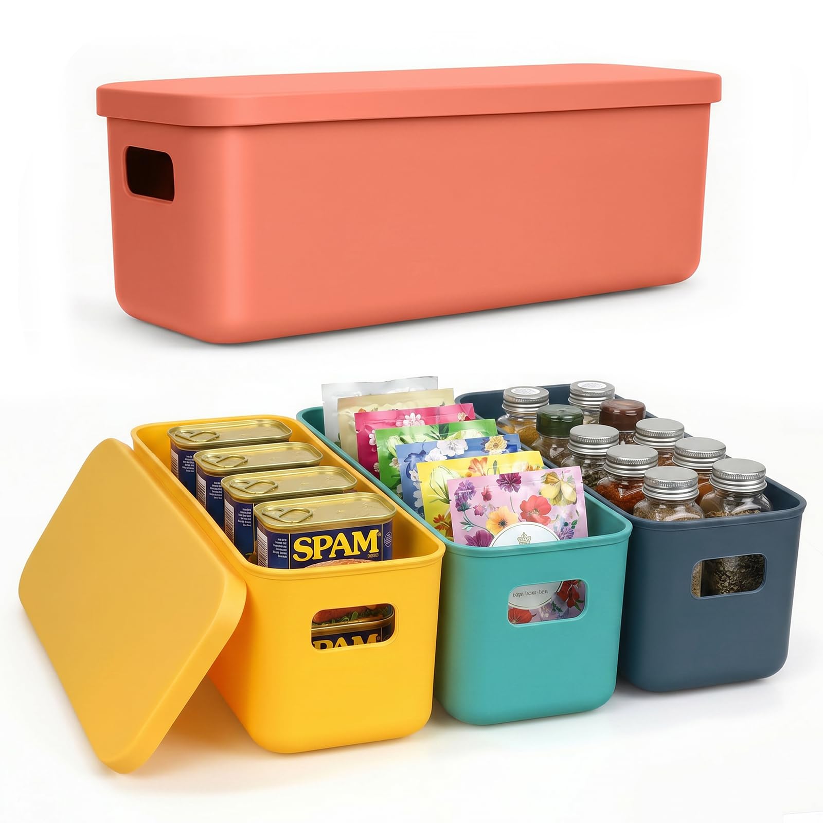 4 Pcs Plastic Narrow Storage Bins with Lid, Stackable Kitchen Cabinet Organiser with Handles, Long Under Sink Storage Baskets, Slim Organiser Storage Box for Kitchen, Office, Bathroom (28×10×9.5cm)