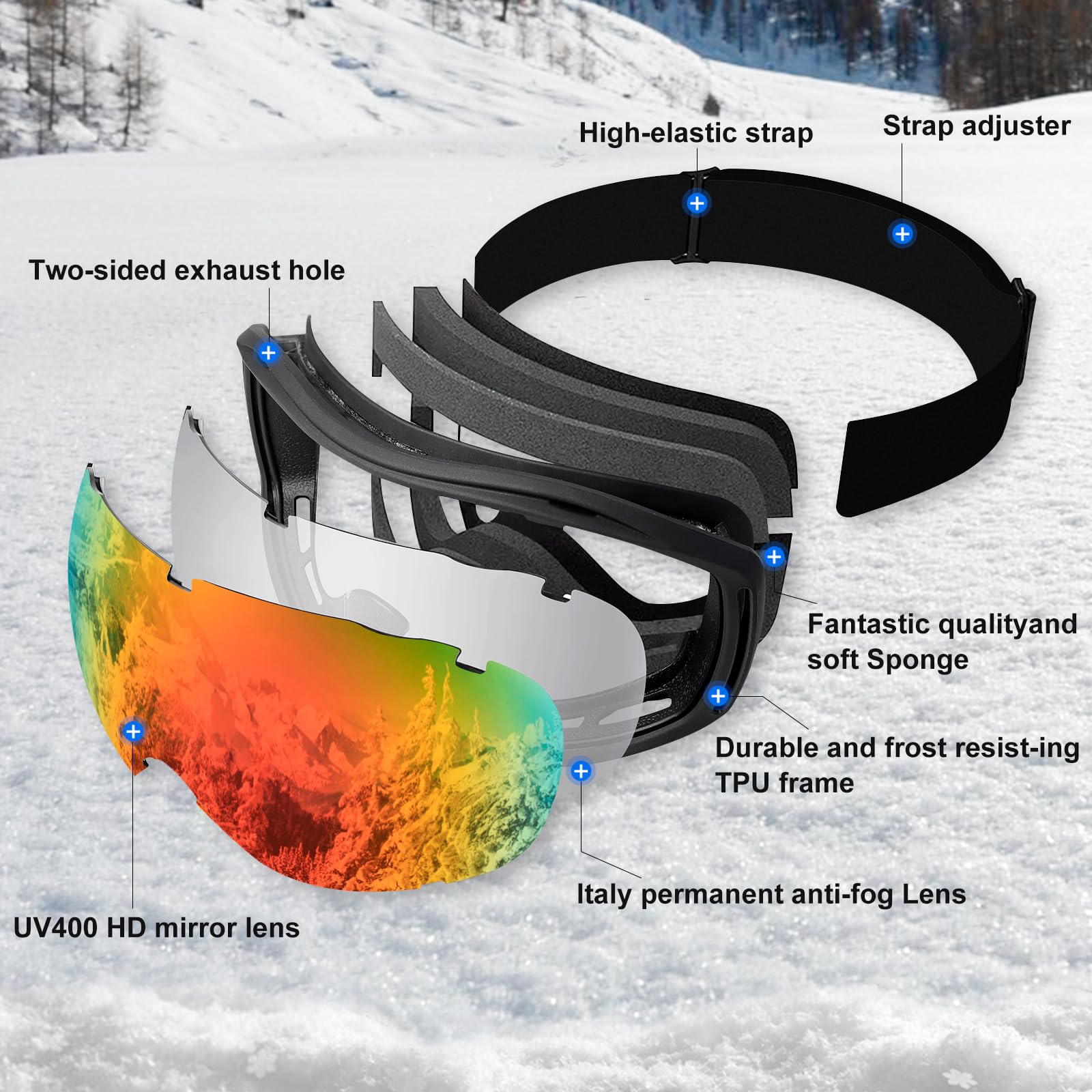 AVV Gogle narciarskie ochrona przed promieniowaniem UV, przeciwmgielne gogle snowboardowe OTG dla mężczyzn kobiet dorosłych i młodzieży