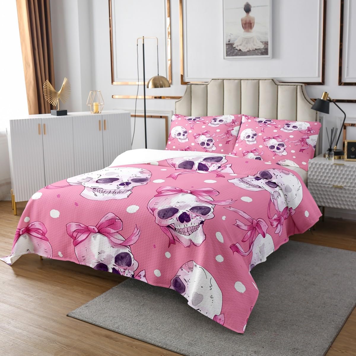 Erosebridal Skull Pink Bow Coverlet Set Queen Size Dots Geometric Halloween Bedding Set for Kids Boys Girls Cute Ribbon Bowknot Quilted Coverlet Skeleton Horror Theme Quilted