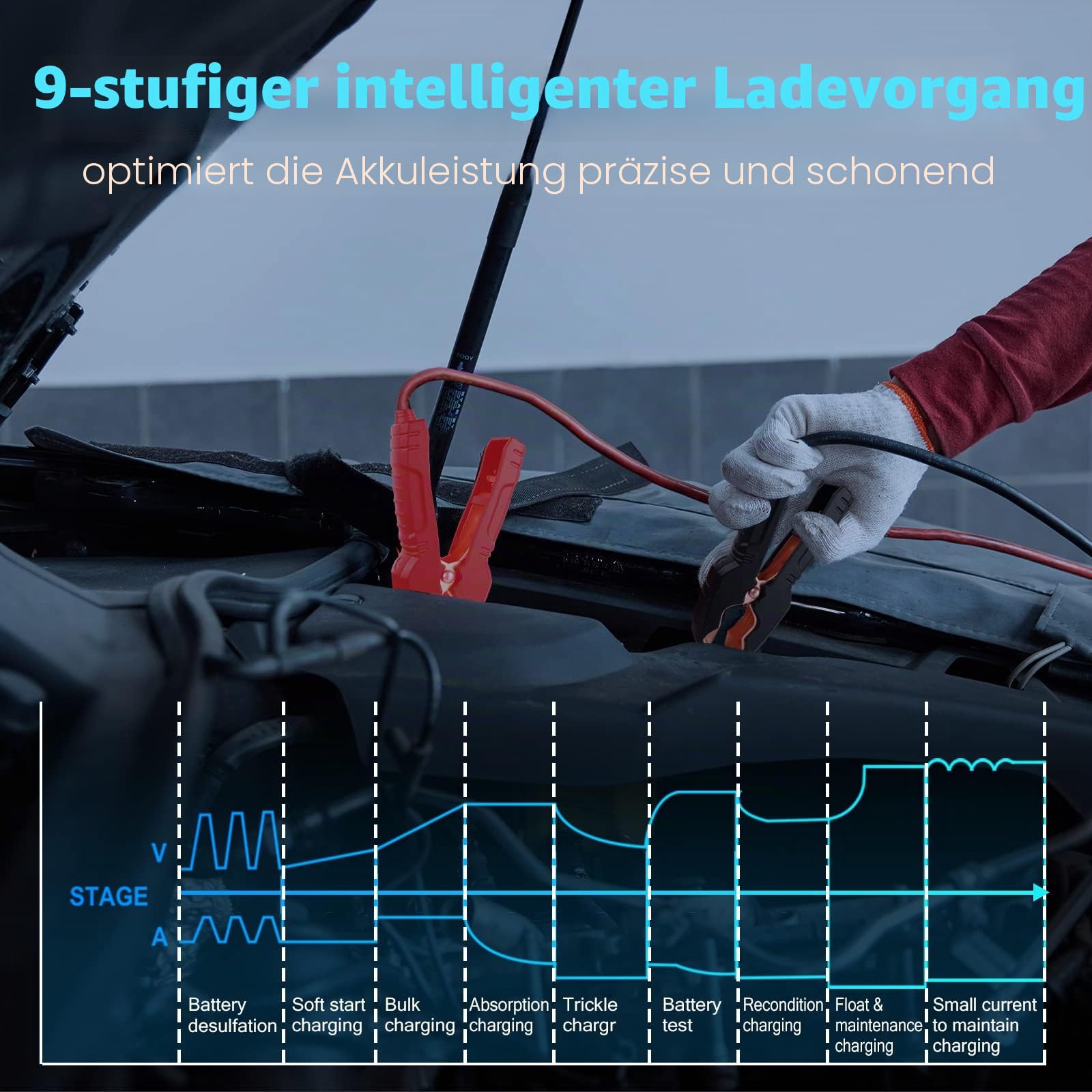 Haisito 25A Autobatterieladegerät, 12V 24V 25A, Erhaltungsladegerät und Entschwefelungsgerät, geeignet für Lithium, LiFePO4, Bleisäure (AGM, Gel 、EFB、MFusw.) Motorräder, Autos, Boote, Rasenmäher usw.