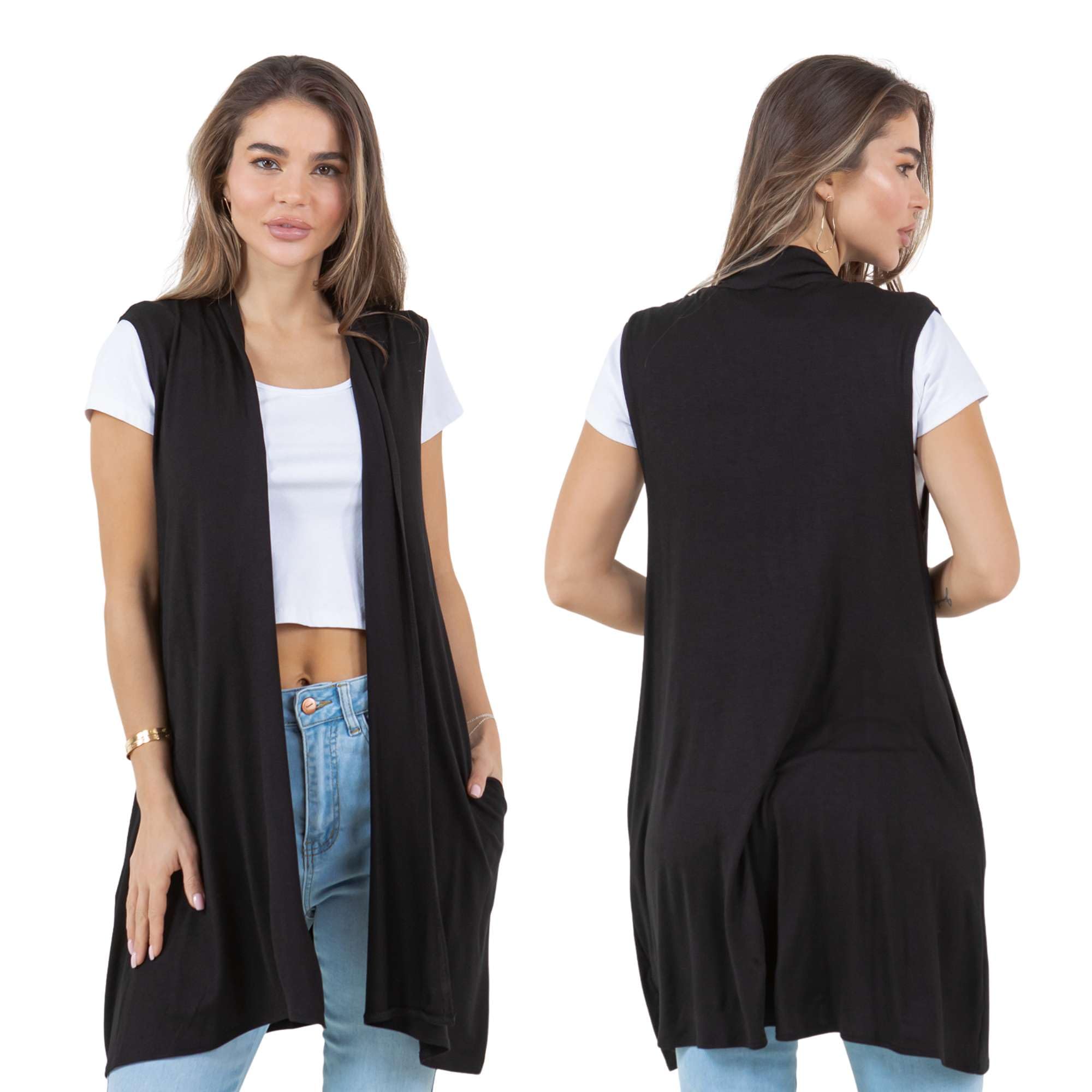 Azules Sleeveless Long Cardigan for Women with Pockets Lightweight Open Front Flowy Dressy Layer for Work or Casual