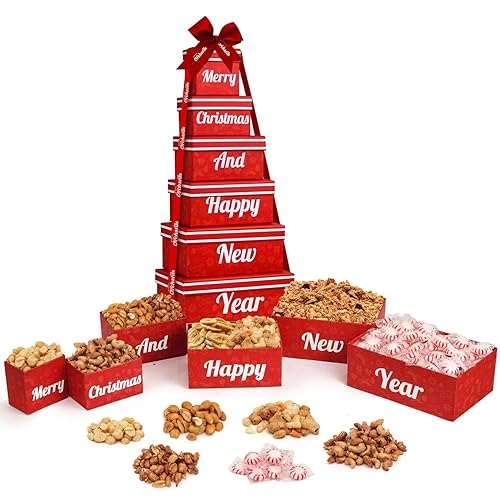 Cestas de Regalo de Navidad - Torre de Cestas de Regalo de Nueces Indulgentes de 6 Niveles Rellena de Aperitivos y Nueces - Regalo de Navidad de