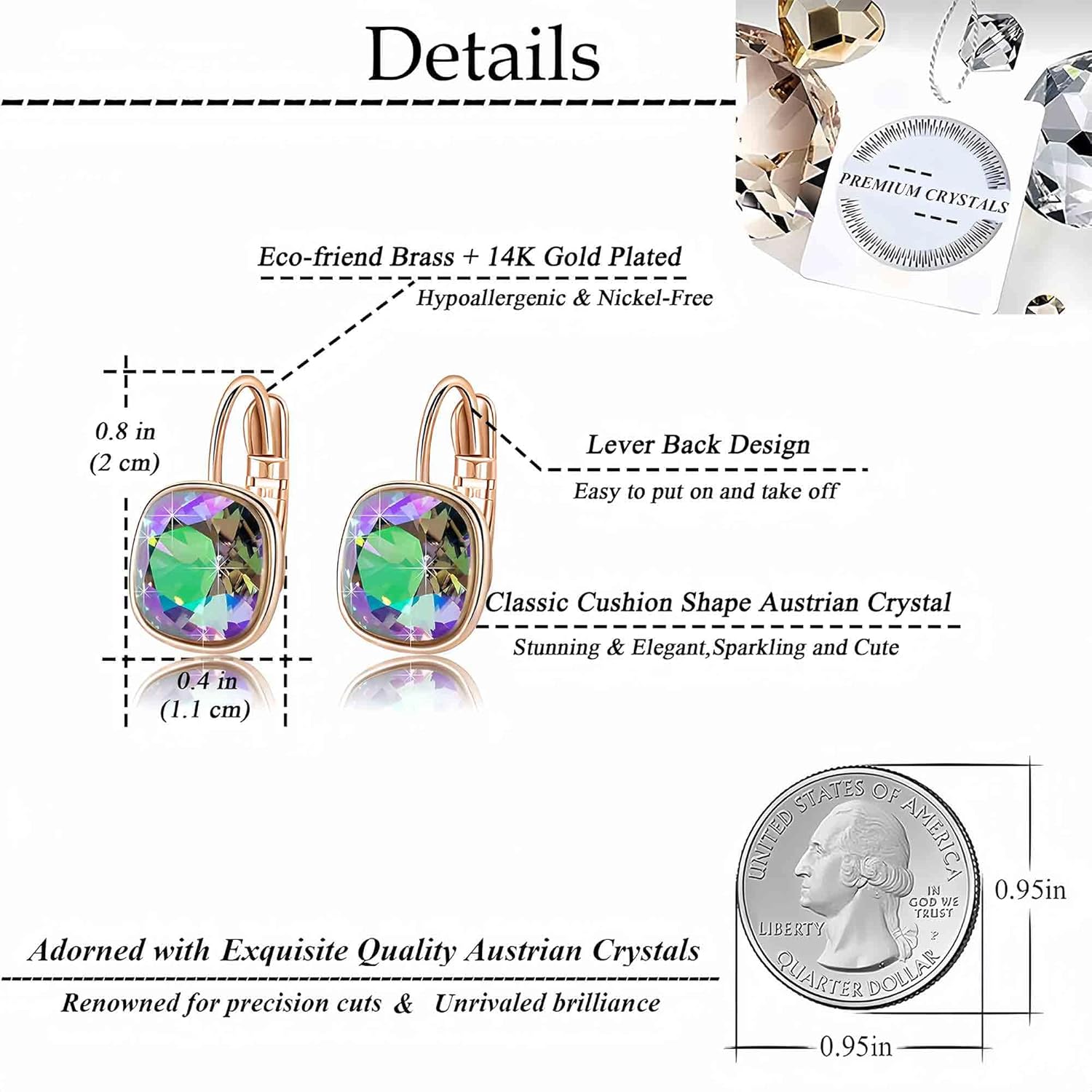 Austrian Crystal Square Cushion Drop Leverback Earrings for Women 14K Rose Gold Plated Hypoallergenic Jewelry - Image 4