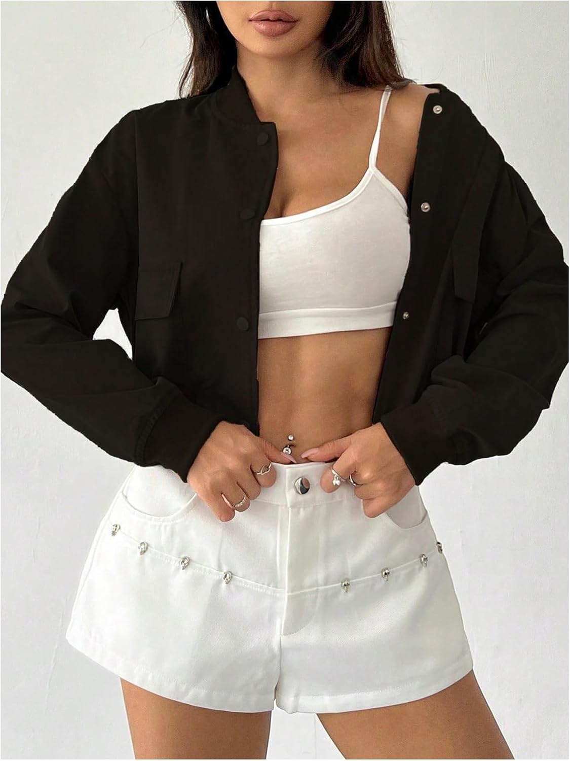 SOLY HUX Women's Bomber Jacket Button Down Long Sleeve Cropped Jackets Outerwear with Pockets - Image 5