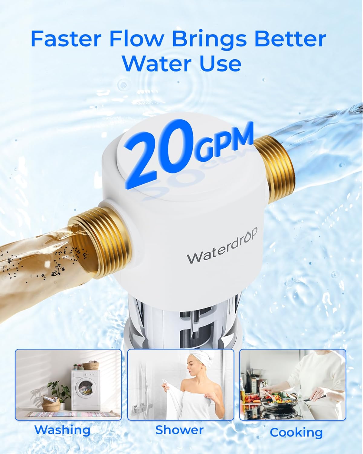 Waterdrop Spin Down Sediment Filter, Reusable Whole House Water Filter System, Flushable Pre-Filter System for City/Well Water, 50 Micron, 1" MNPT + 3/4" FNPT, WD-PF01 - Image 7