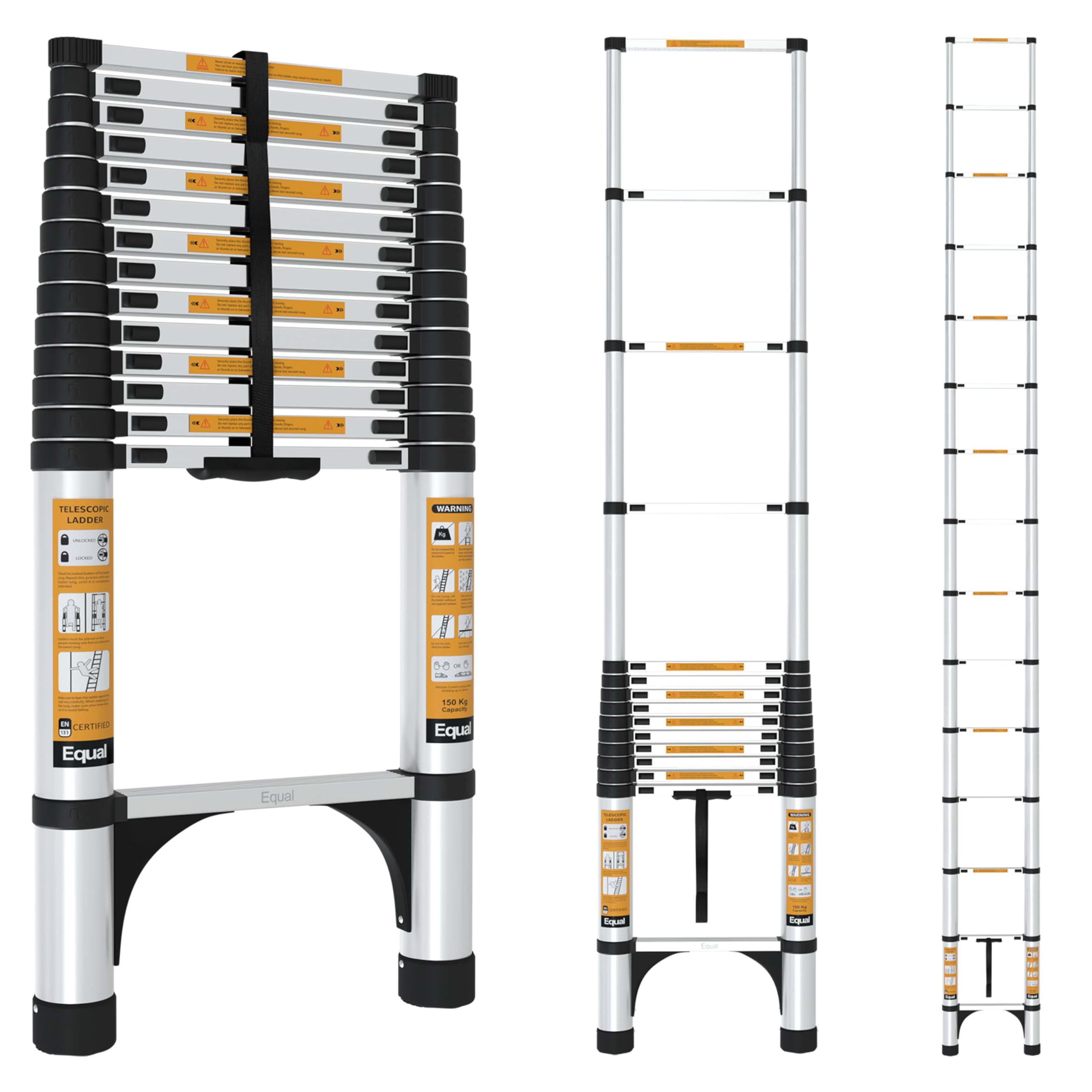 Equal 20.5 FT Portable & Compact Foldable Aluminium Telescopic Ladder | 2 Triangle Stabilizers | EN131 Certified | 2-Year Warranty | Heavy-Duty Ladder for Industrial & Commercial Use (6.2m / 15 Steps)