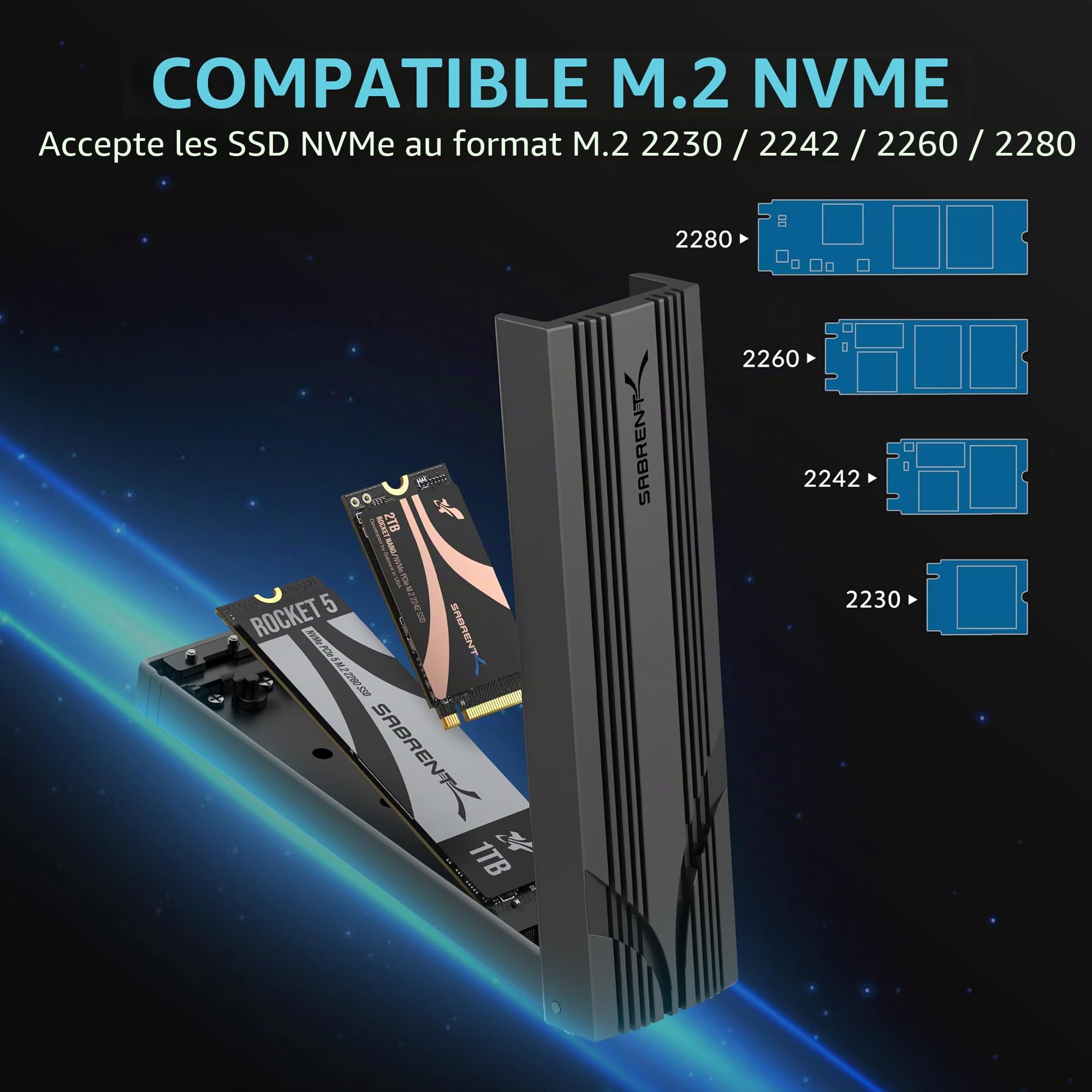SABRENT Boîtier NVMe USB C, boîtier SSD M.2 sans Outils pour 2230-2280, Adaptateur USB 3.2 Gen 2 10 Gbit/s, Refroidissement en Aluminium, boîtier de Disque Dur Externe M.2 pour SSD NVMe (EC-PNVO)