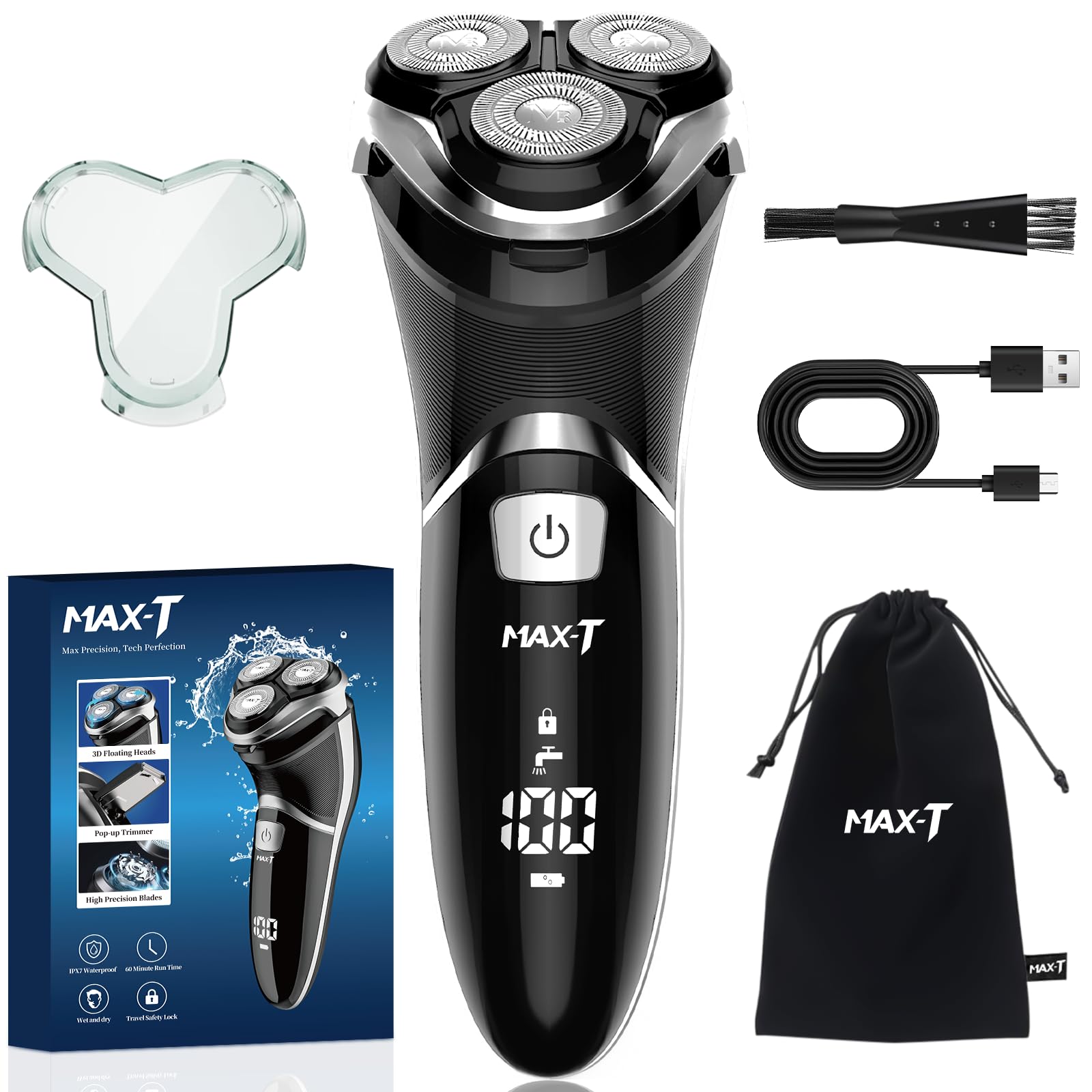 MAX-T Upgraded 3D ProSkin LED Rasierer Herren Elektrischer, Nass und Trockenrasierer mit Reiseverriegelung und Pop-up Präzisionstrimmer, Wiederaufladbarer und Kabelloser, Geschenke für Herren, Schwarz