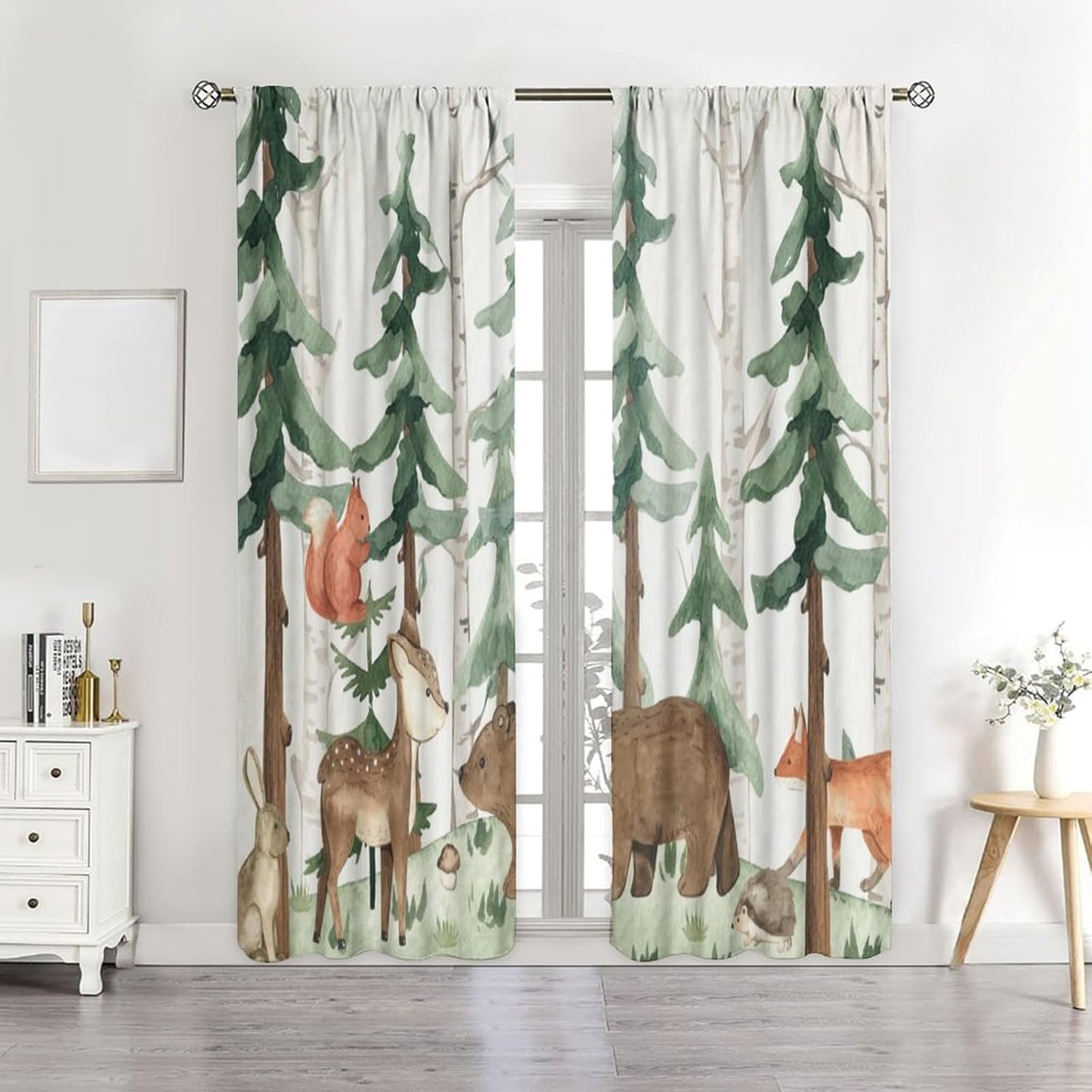 Forest Nursery Curtains - Woodland Bear & Wildlife Theme, Blackout 42x54 Inch 2 Panels