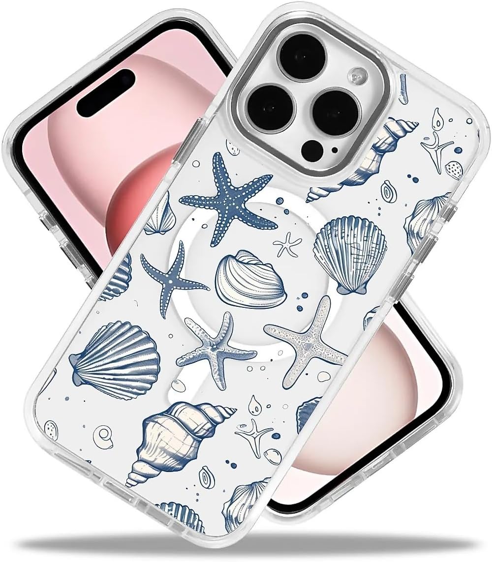 Compatible with iPhone 16 Pro Case for MagSafe, Clear White with Ocean Shells Design Drop Proof Rugged Magnetic Charge Shockproof for iPhone 16 Pro - Image 2
