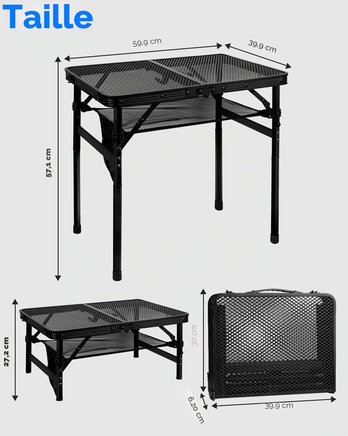 MSDADA Table de gril pliante, réglable en hauteur, bureau et sac en maille, portable pour camping, pique-nique, terrasse, salle à manger, barbecue, fête, noir, 60 x 40 cm