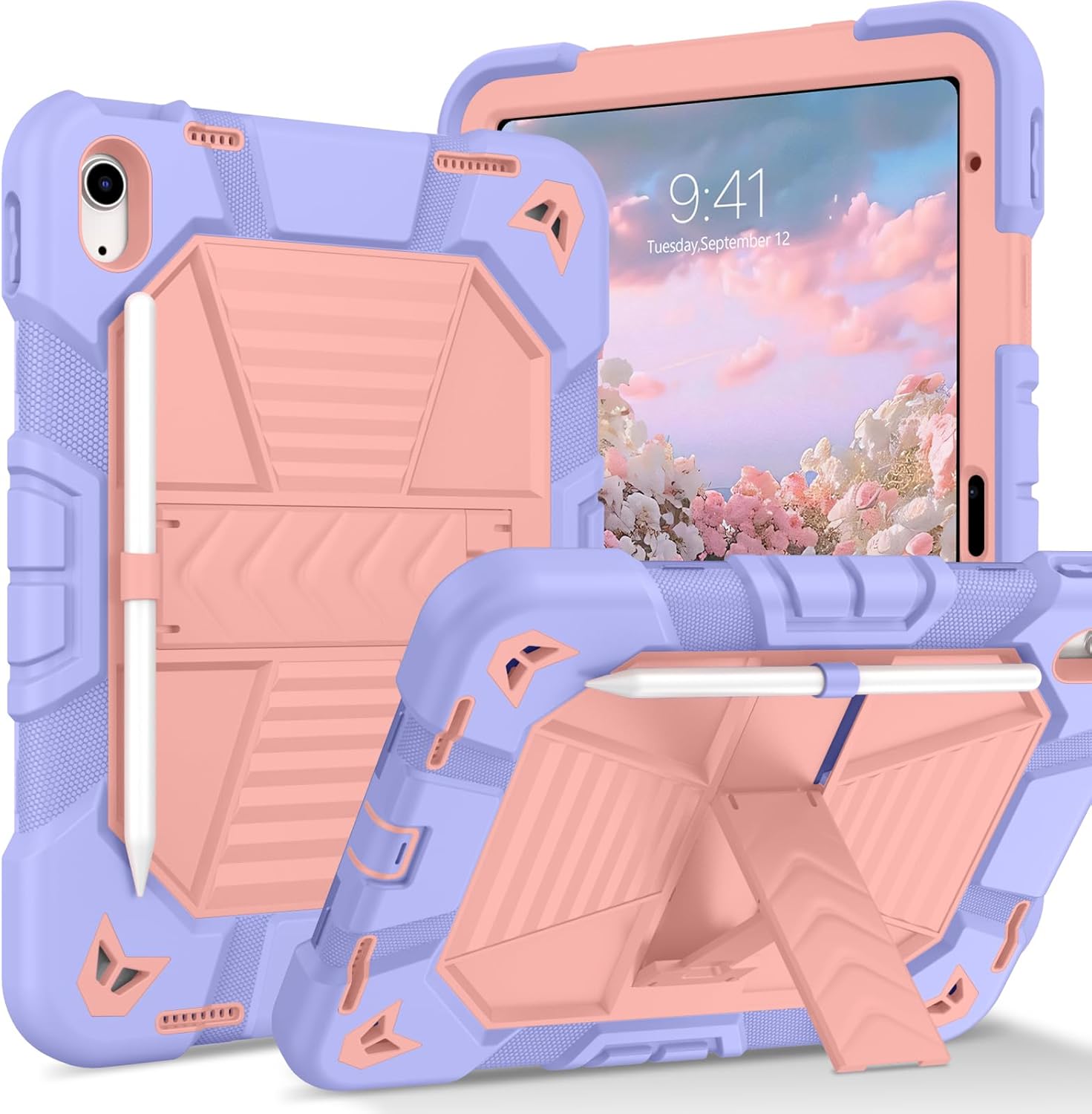 Telaso for iPad A16 Case for iPad 10th Generation 10.9 Inch (2022) / 11th Generation 11 Inch (2025), Heavy Duty Protective Tablet Cover Rugged with Pencil Holder and Adjustable Kickstand, Purple Pink