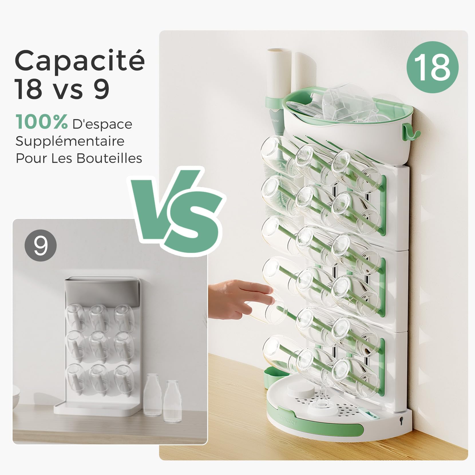 momcozy Égouttoir Vertical Grande Capacité pour Biberons (18 unités) - Design Modulable Compact avec Porte-Brosse Intégré - Sèche-biberons pour Tétines, Tire-Lait et Accessoires | Porte-brosse, Tétines, Tire-lait, Accessoires, Sécable, Étanche, Bébé, Nouv