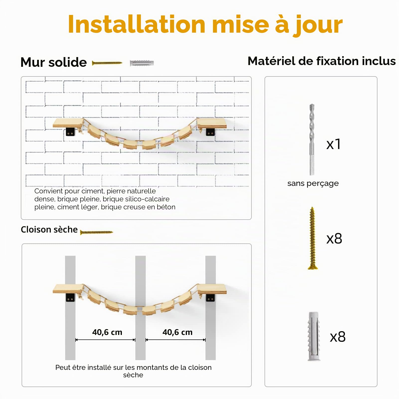 FUKUMARU Étagère Murale pour Chat, Pont, Perche, Arbre à Chat, Meuble pour Dormir, Jouer, Escalader et Se Détendre, Bois d'Hévéa Massif