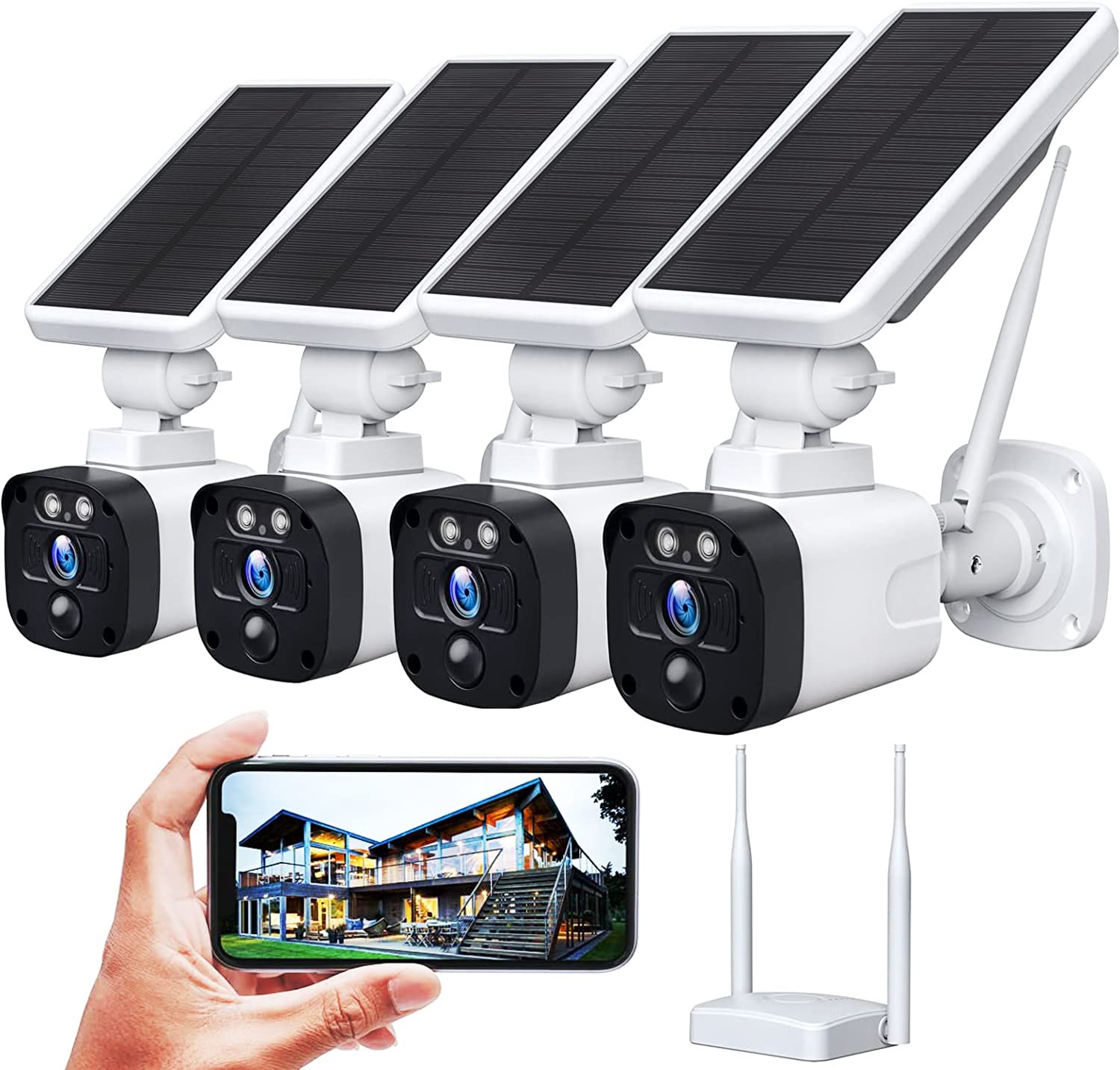[3MP+PIR Motion Detection] Wireless Solar Security Camera System Outdoor for Home Security, 4 Cameras with Base Station, 2-Way Audio, APP Alarm, Night Vision, IP65 Waterproof, SD/Cloud Storage
