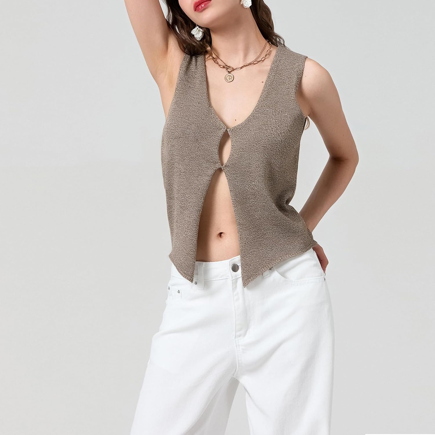 Womens Vintage Knittd Tank Y2k Vest Crop Top Sleeveless V-Neck Open Front Button Crochet Knit Vests Versatile Tops - Image 6