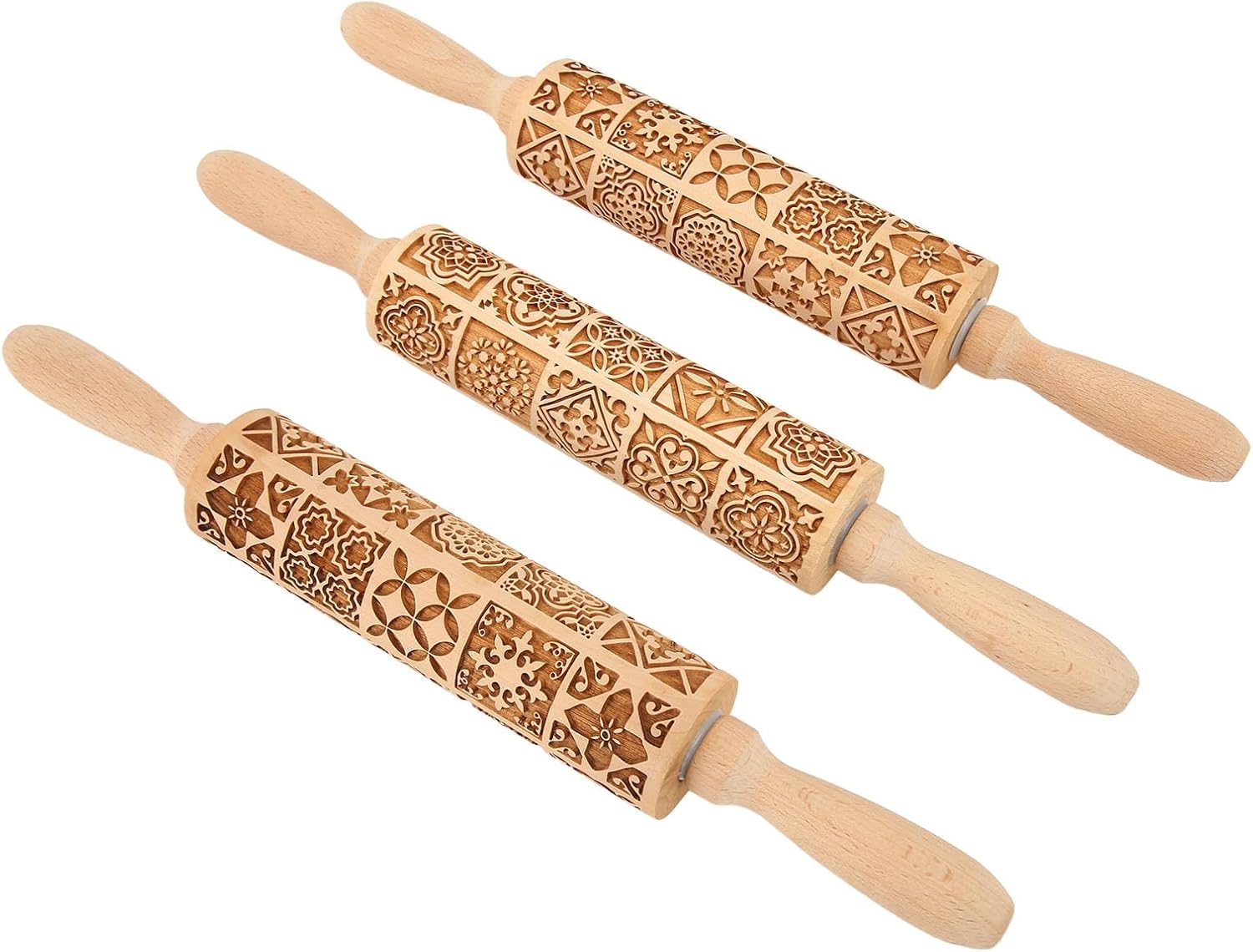 3Pcs Wooden Embossed Rolling Pin, Engraved Embossing Dough Roller for Baking, Rolling Pins for Pizza Biscuits Pasta Fondant, Tool with Bearings for Grip and Rolling