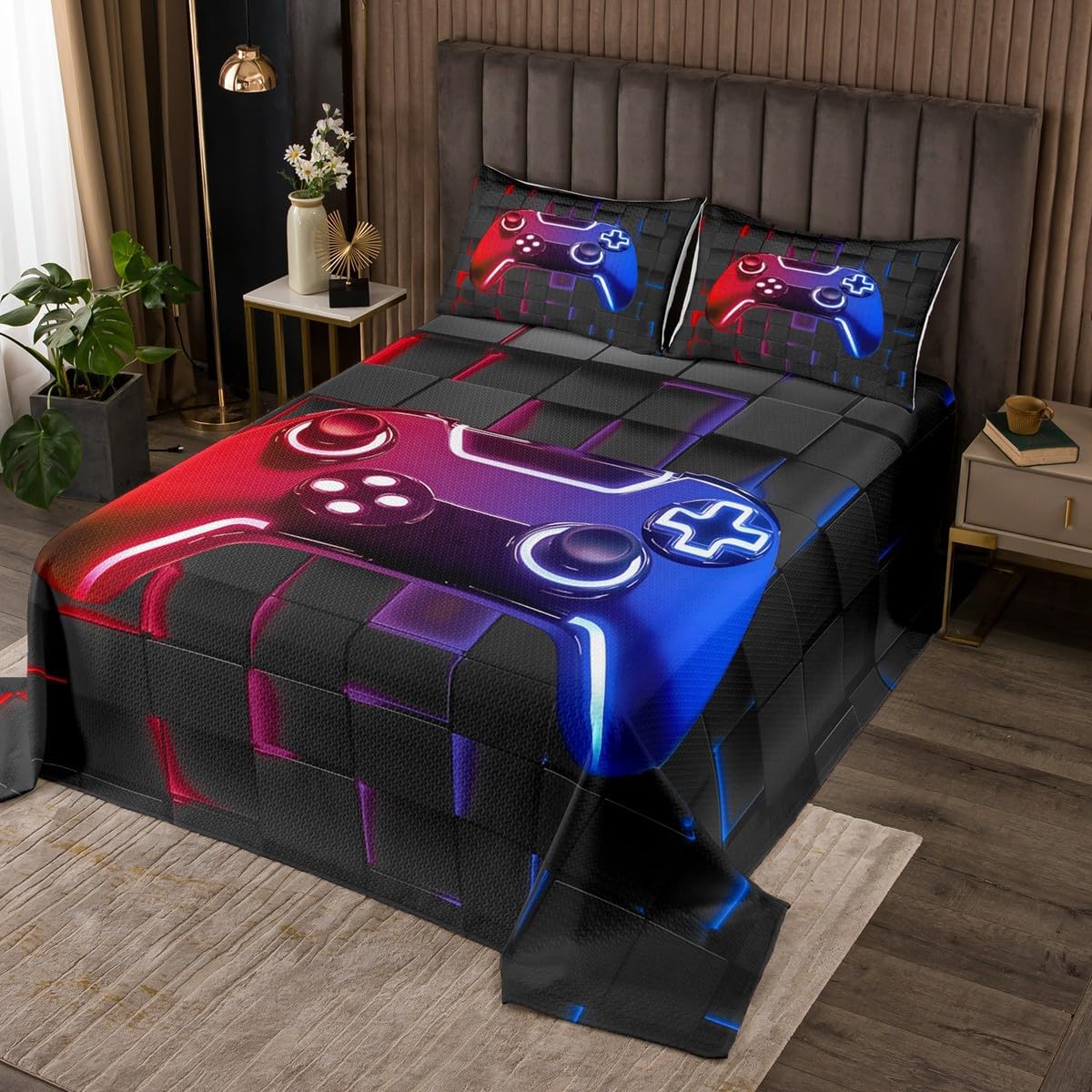 Castle Fairy Gaming Gamepad Bedspread Twin Size Bedding for Kids Teens Bedroom 3D Videogames Controller Decor Coverlet Set Neon Red Blue Quilt Set for All Season,2 Pcs with 1 Pillowcase