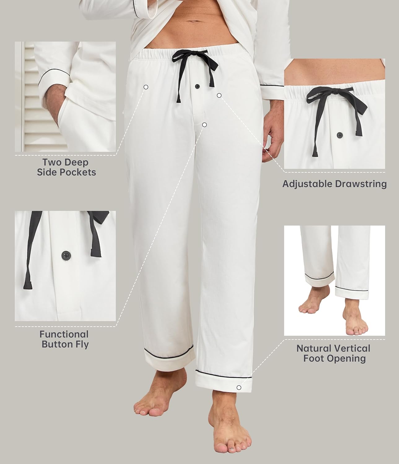 CF Mens Pajamas Set 100% Cotton Sleepwear Button Down Pj Sets Long Sleeve Lounge Set Soft Nightwear with Pockets & Front Fly - Image 5