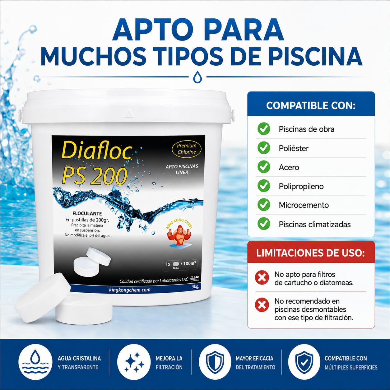 DIASA INDUSTRIAL Floculante en Pastillas 200 gr DIAFLOC PS 200-5 KG - Clarificante Piscinas Grandes - Elimina particulas en suspensión - Apto Piscinas Liner