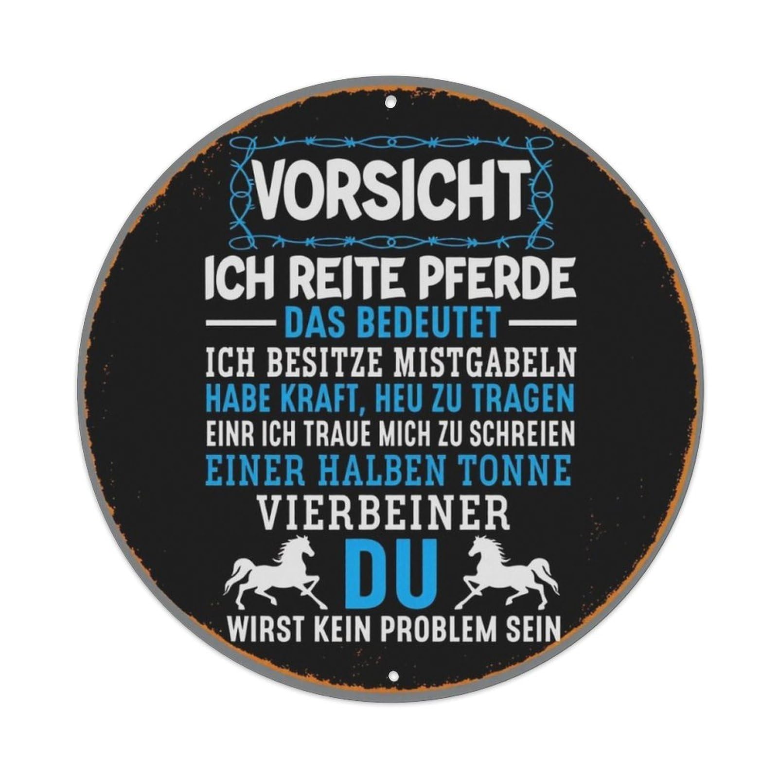 Vintage German Horse Riding Warning Round Metal Tin Sign Vintage Aluminium Metal Sign, Retro Wall Decor for Home, Bar, Garage & Farmhouse 20x20cm