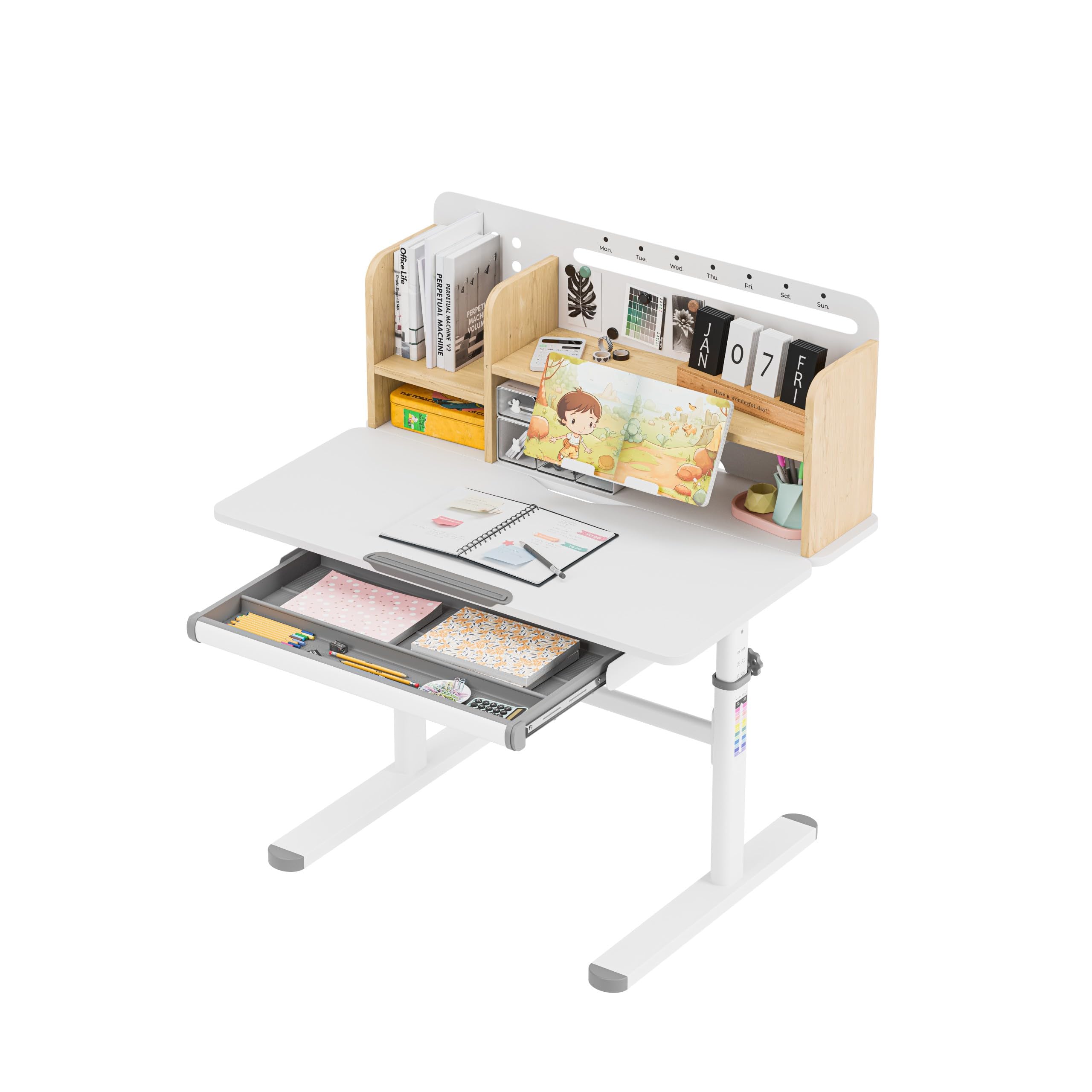 MARK ADLER Study 5.0 Biurko dziecięce z regulacją wysokości, z szufladą, drewno | Ergonomiczne biurko szkolne, stojak dla dzieci z półką nachylaną do 50°, przechowywanie i wbudowany stojak na książkę