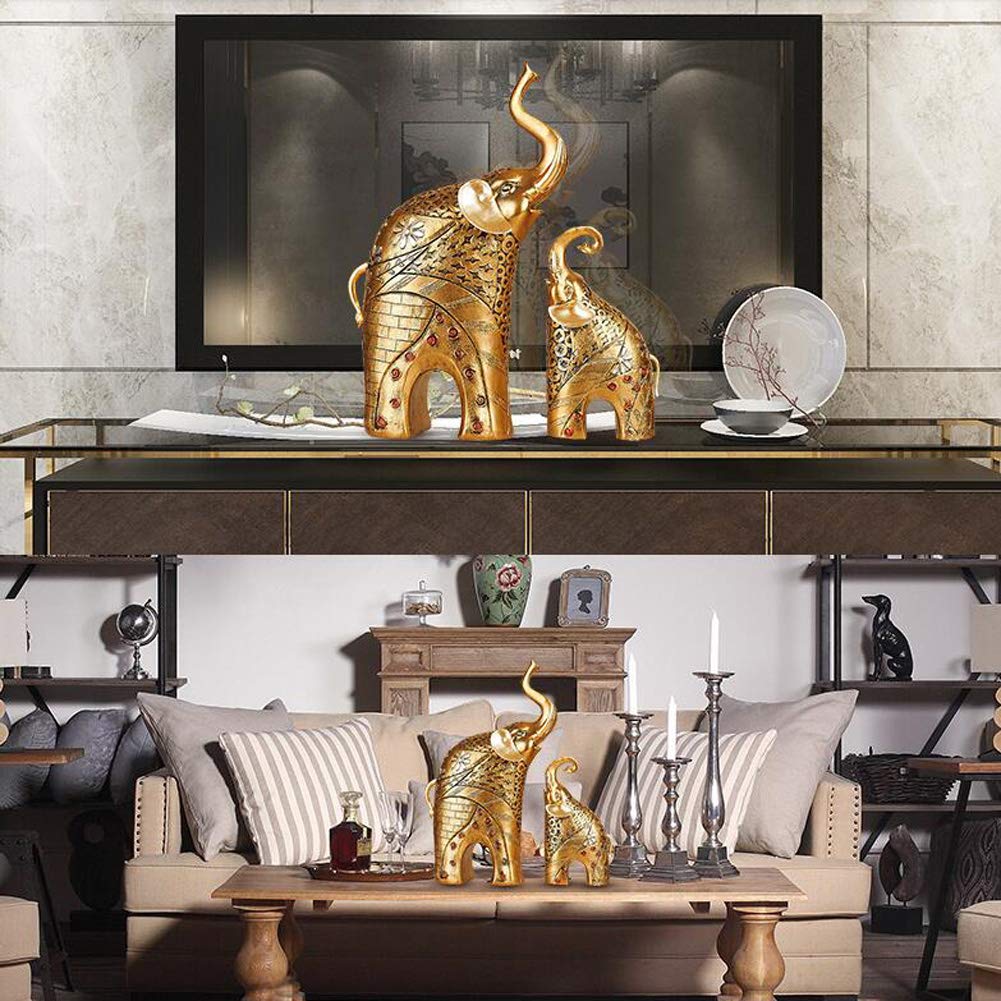 NanXi 2-teilig Elefant Figur Deko Skulptur Statue Glück Deko Dekofiguren Wohnzimmer Dekoration Geschenk Kunstharz Höhe 30/17 cm Gold Silber