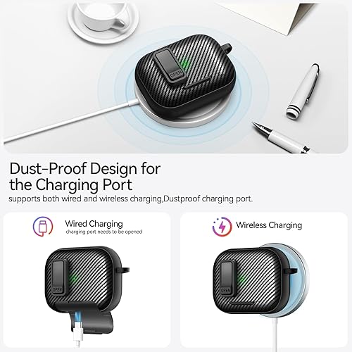 Miniatura 7 de Funda compatible con AirPods Pro de 2 generación con soporte para teléfono, (con clip de bloqueo), diseño de fibra de carbono, funda de protección