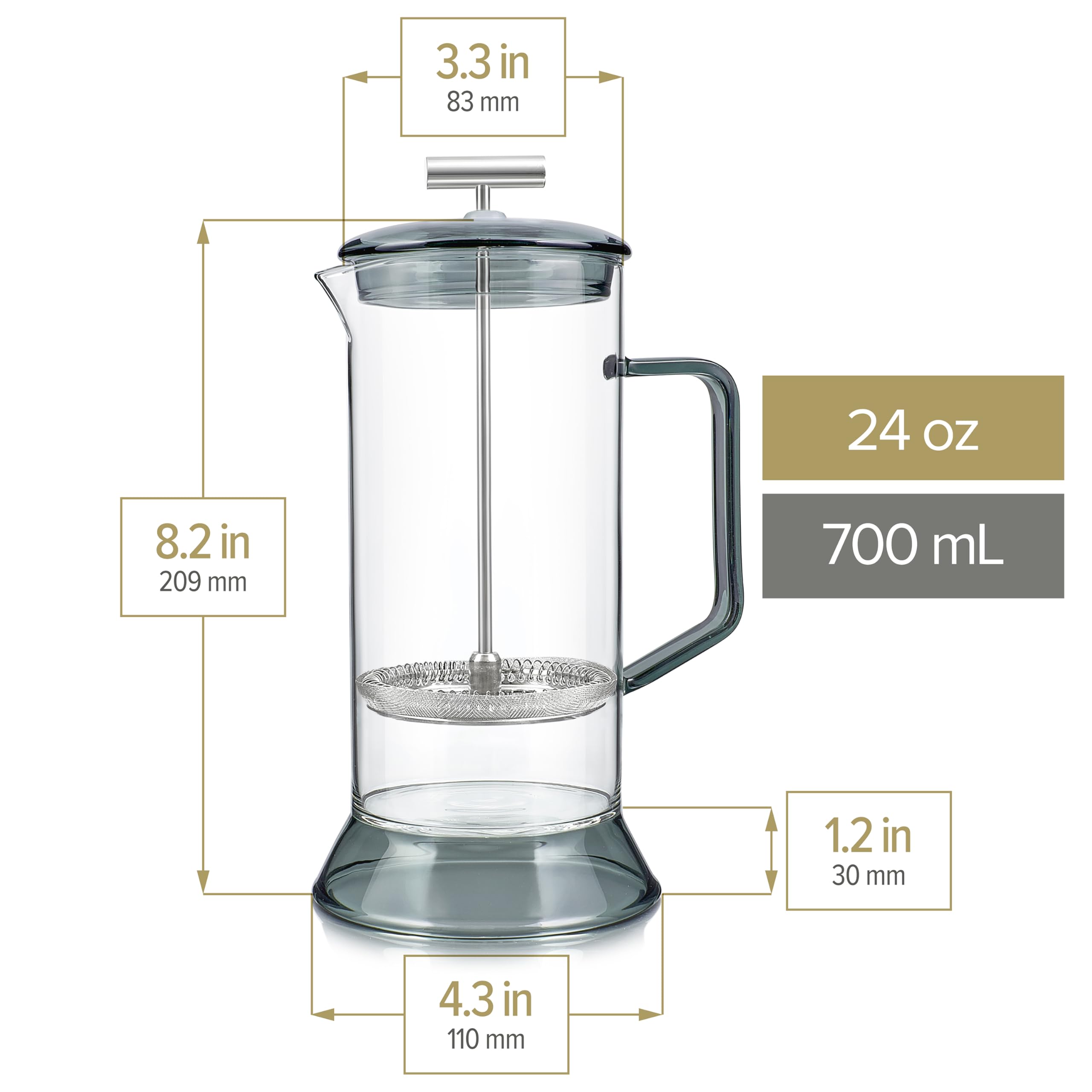 Teabloom Toulouse - Prensa francesa sin plástico para té y café, 700 ml, gris oscuro
