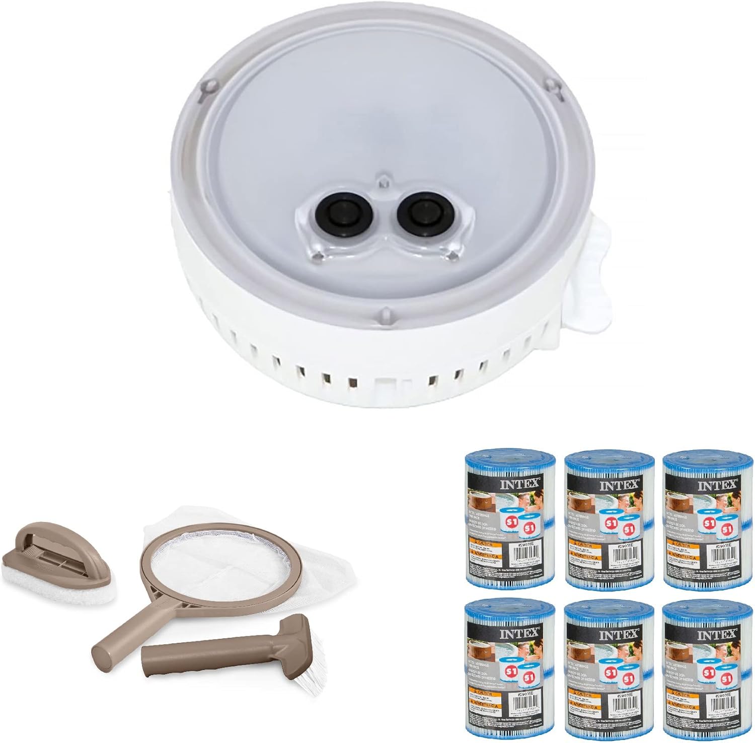 Intex PureSpa Multi-Colored LED Light with Hot Tub Maintenance Accessory Kit, Brush, and Type S1 Spa Filter Replacement Cartridges, (6 Pack)