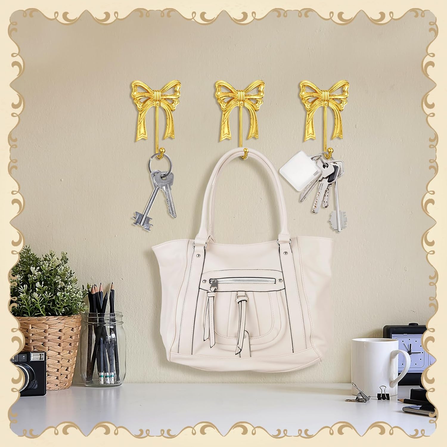 4 Pcs Bow Hook Gold Brass Bow Wall Hook Heavy Duty Wall Mount Towel Coat Rack Decorative Coquette Hanger for Bathroom Living Room Kitchen Hanging Multi-Purpose