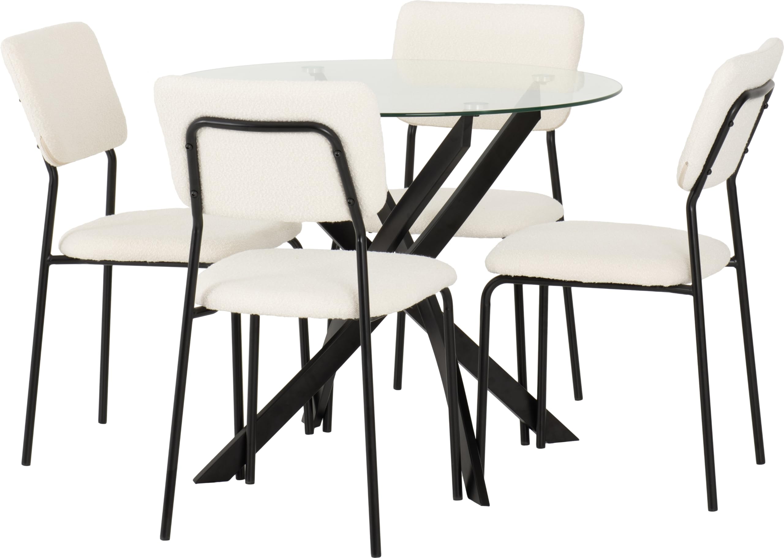 Seconique Sheldon Round Dining Set - 4 Chairs - Clear Glass Top - Ivory Boucle Fabric