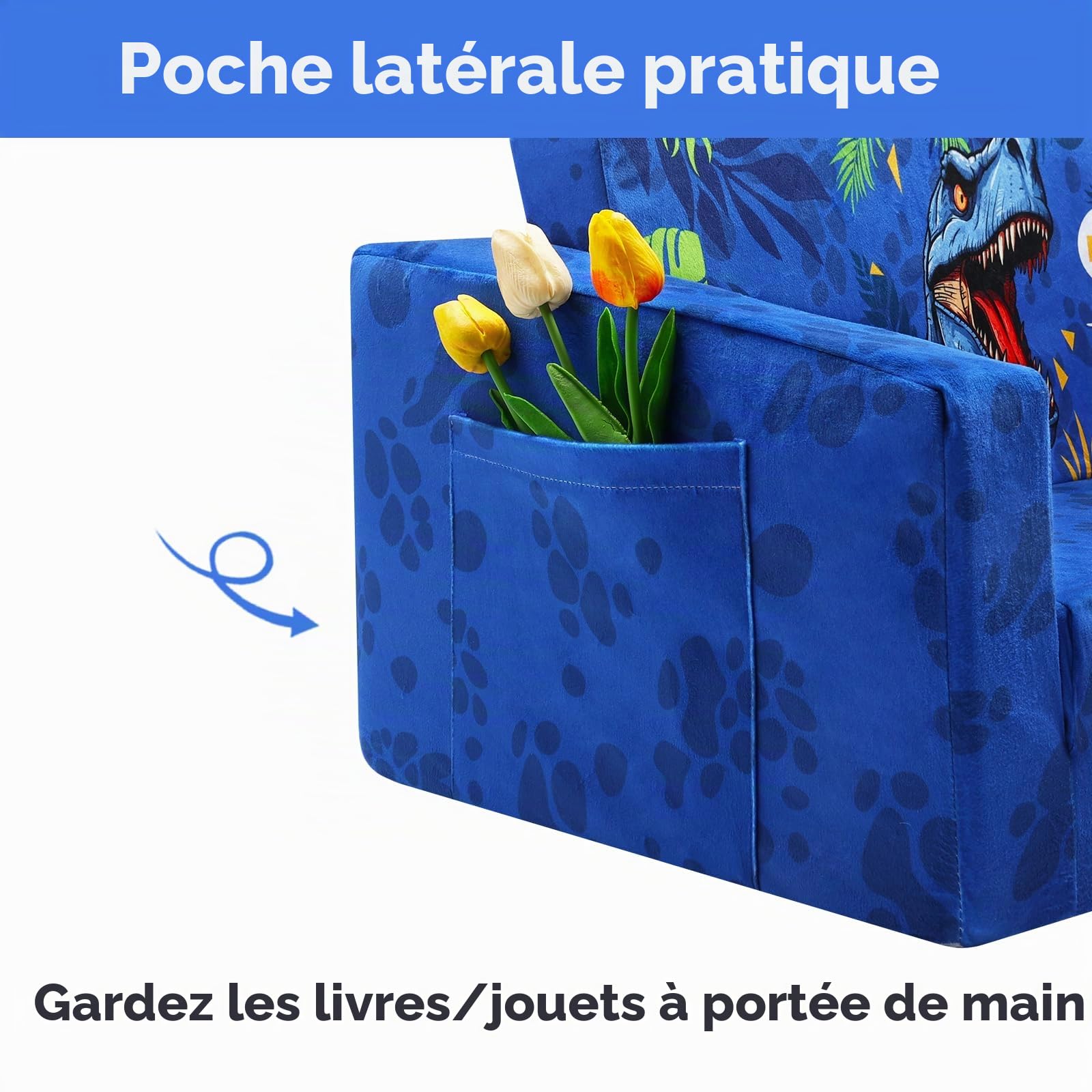 Canapé Enfants Canapé-Lit 2 Places Convertible, Lit Pliant 2 en 1 Fauteuil Enfant Stable avec Tapis Antidérapant, Chaise-Lit Couchette Enfant pour Chambre à Coucher Salle de Jeux (Dinosaures)