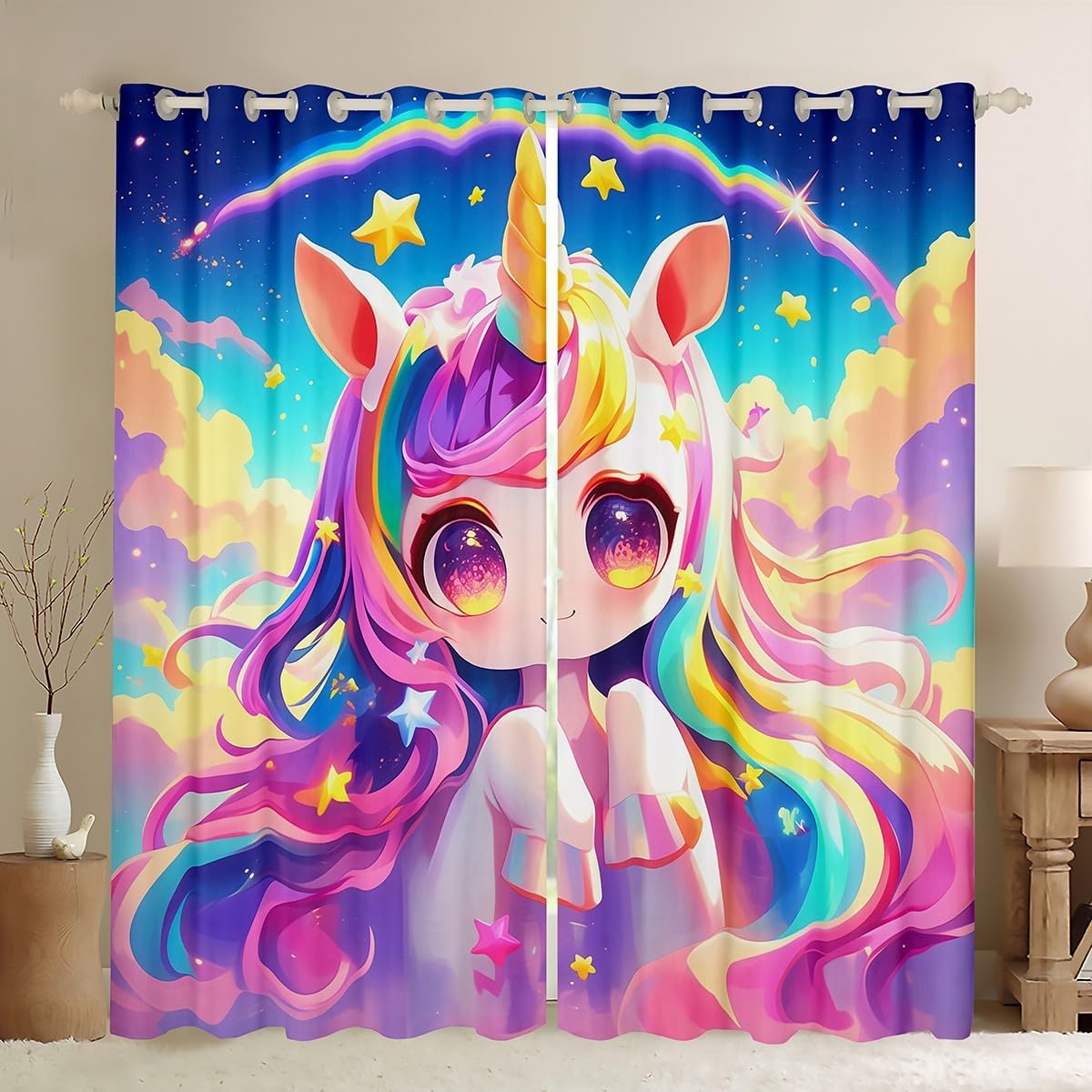 Manfei Cartoon Unicorn Kids Blackout Curtain,Starry Sky Rainbow Dreamy Window Drapes for Girls Women,Kawaii Unicorn Cute Animal Blue Purple Window Treatments Grommet Top 2 Panel Set,38Wx45L inch